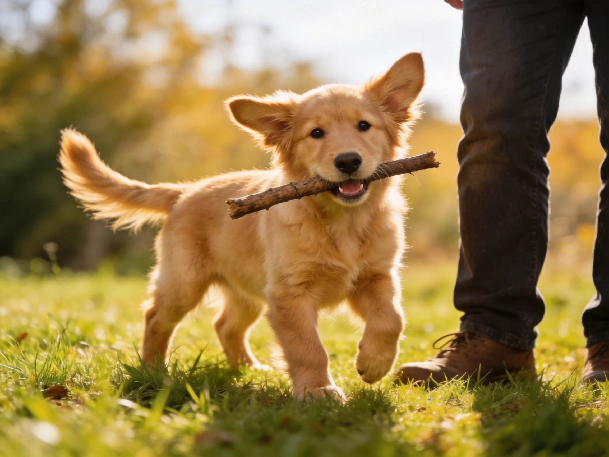 A golden retriever puppy carries a wooden stick near dark jeans