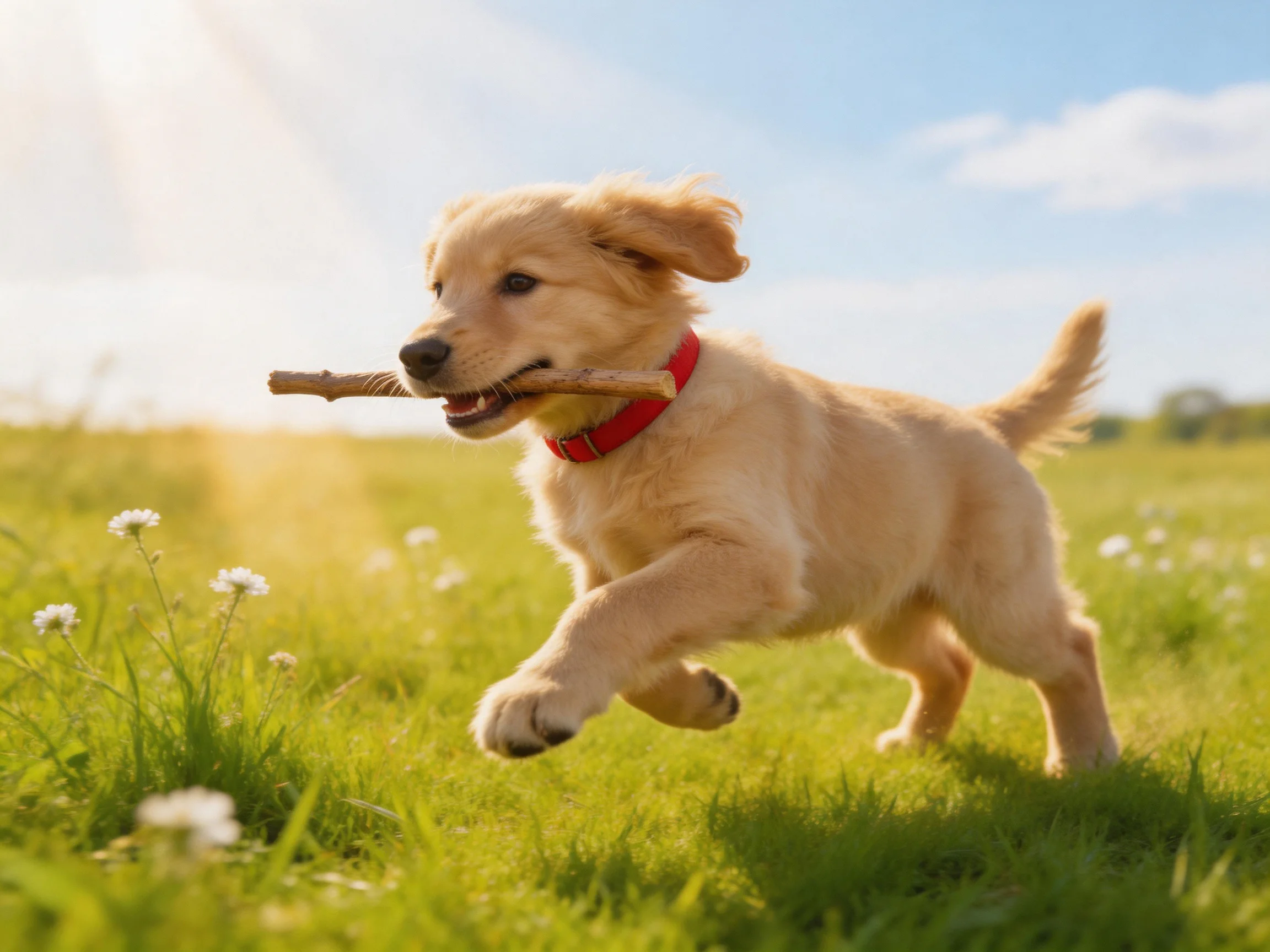 A golden retriever puppy carries a wooden stick through green grass