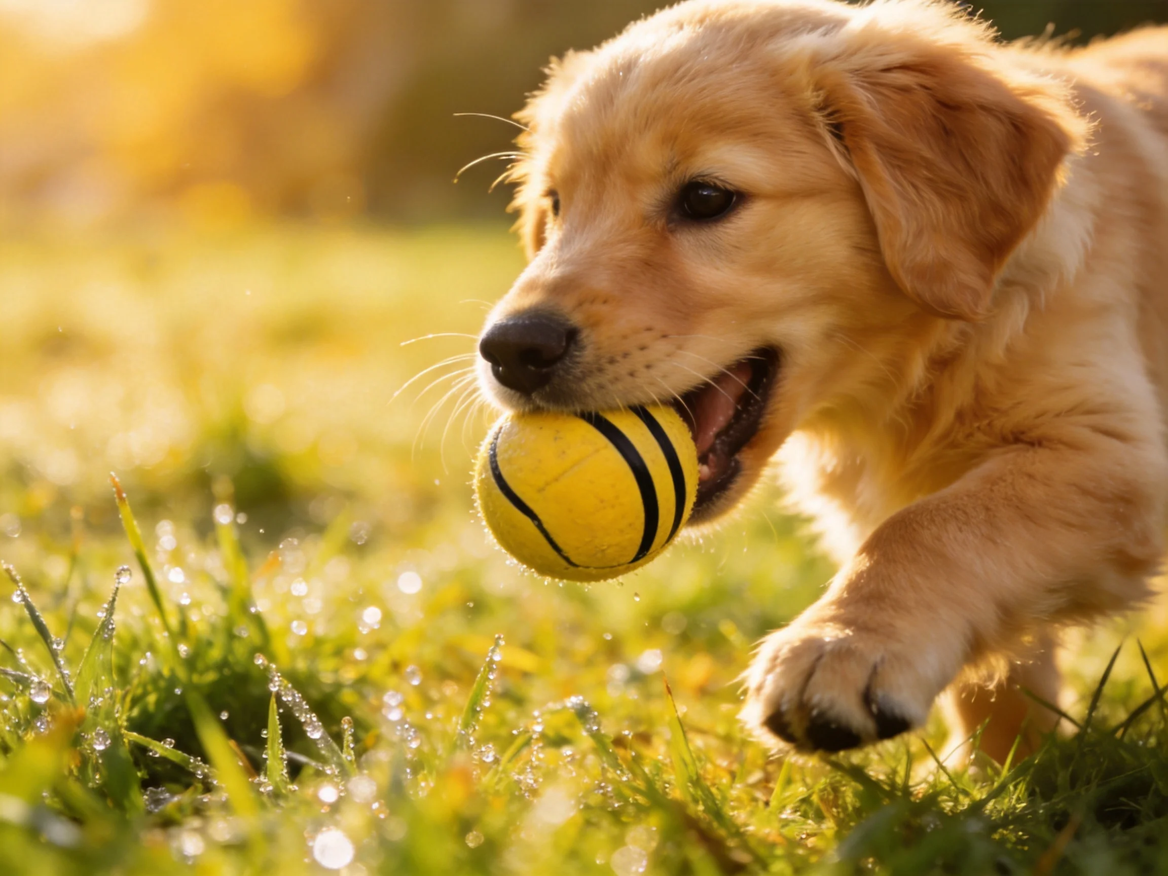A golden retriever puppy carrying a yellow striped ball on dewy grass