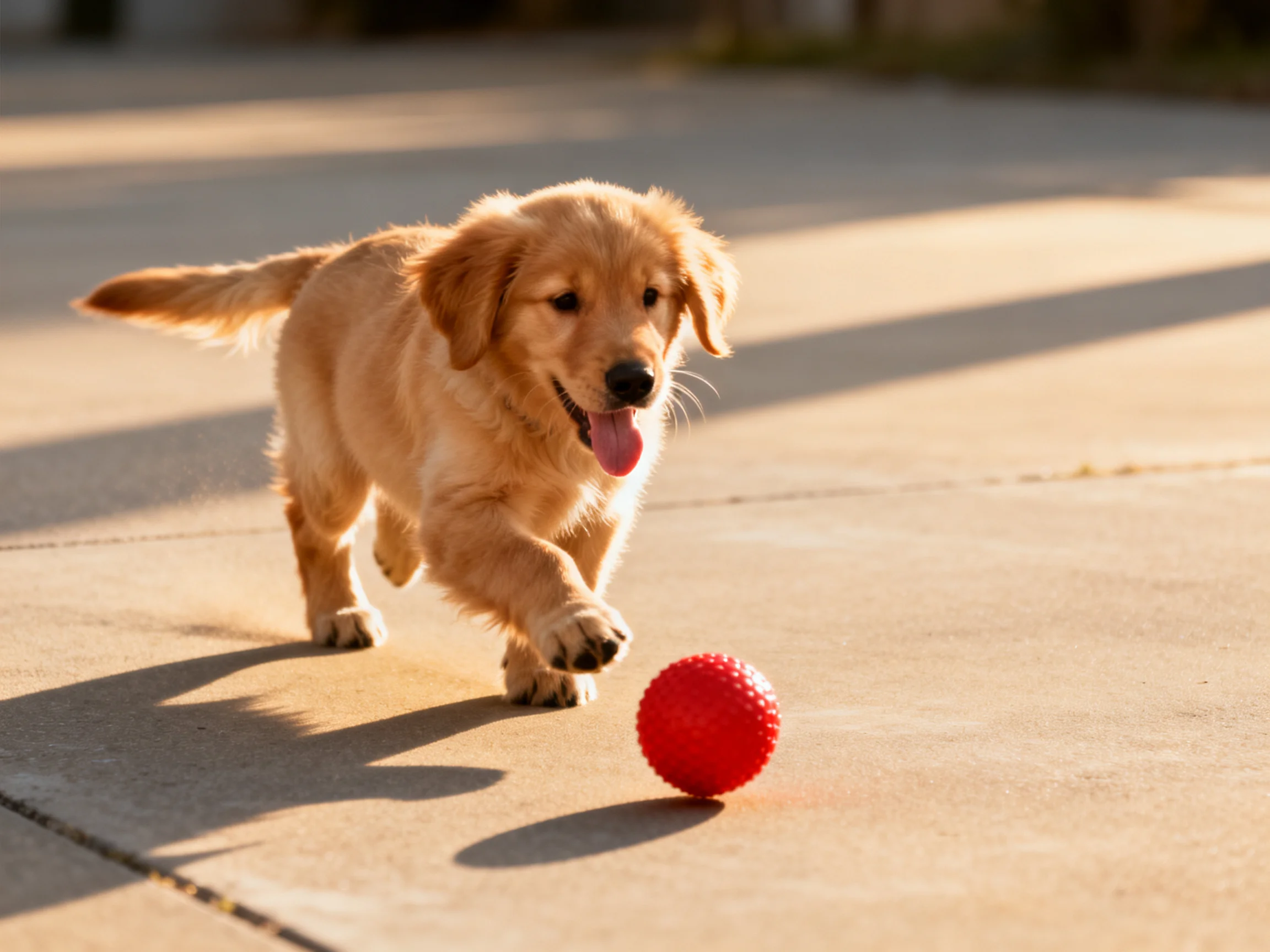 A golden retriever puppy chasing a bright red ball outdoors