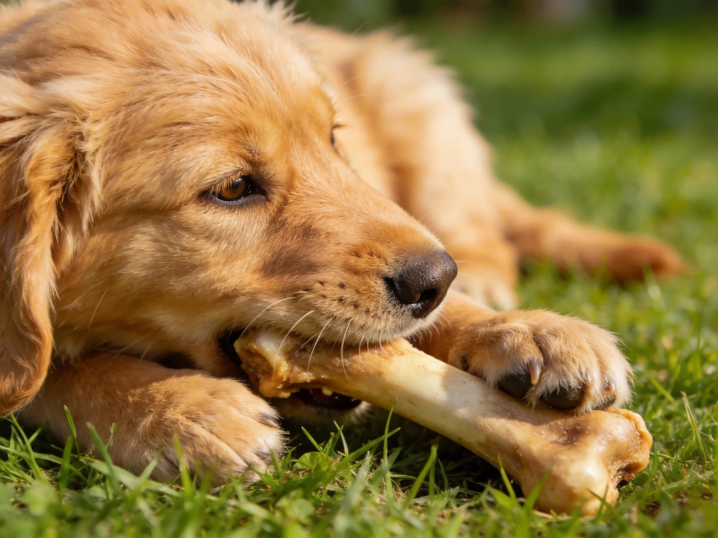 A golden retriever puppy chewing a large bone on green grass