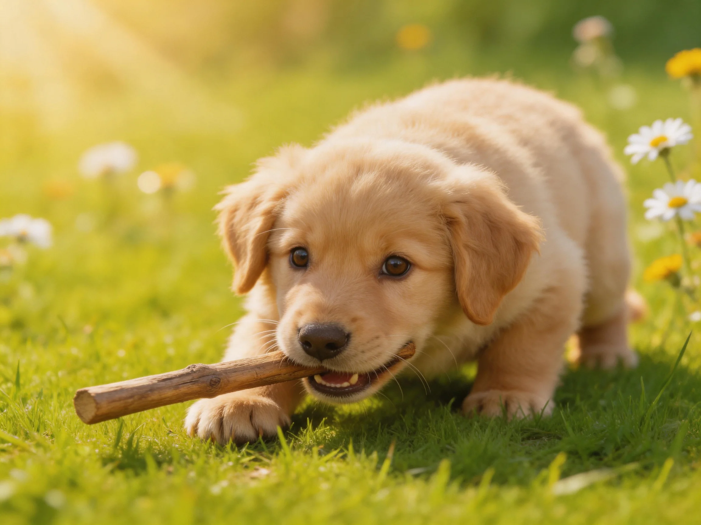 A golden retriever puppy chews a wooden stick in a flower-filled meadow