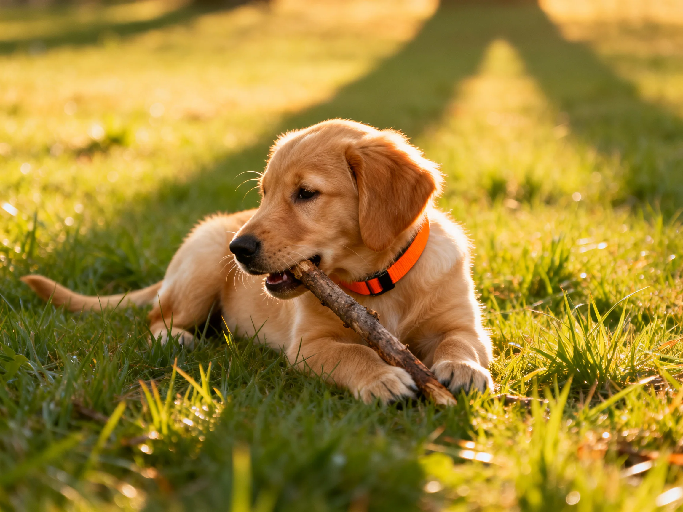 A golden retriever puppy chews a wooden stick on sun-dappled green grass