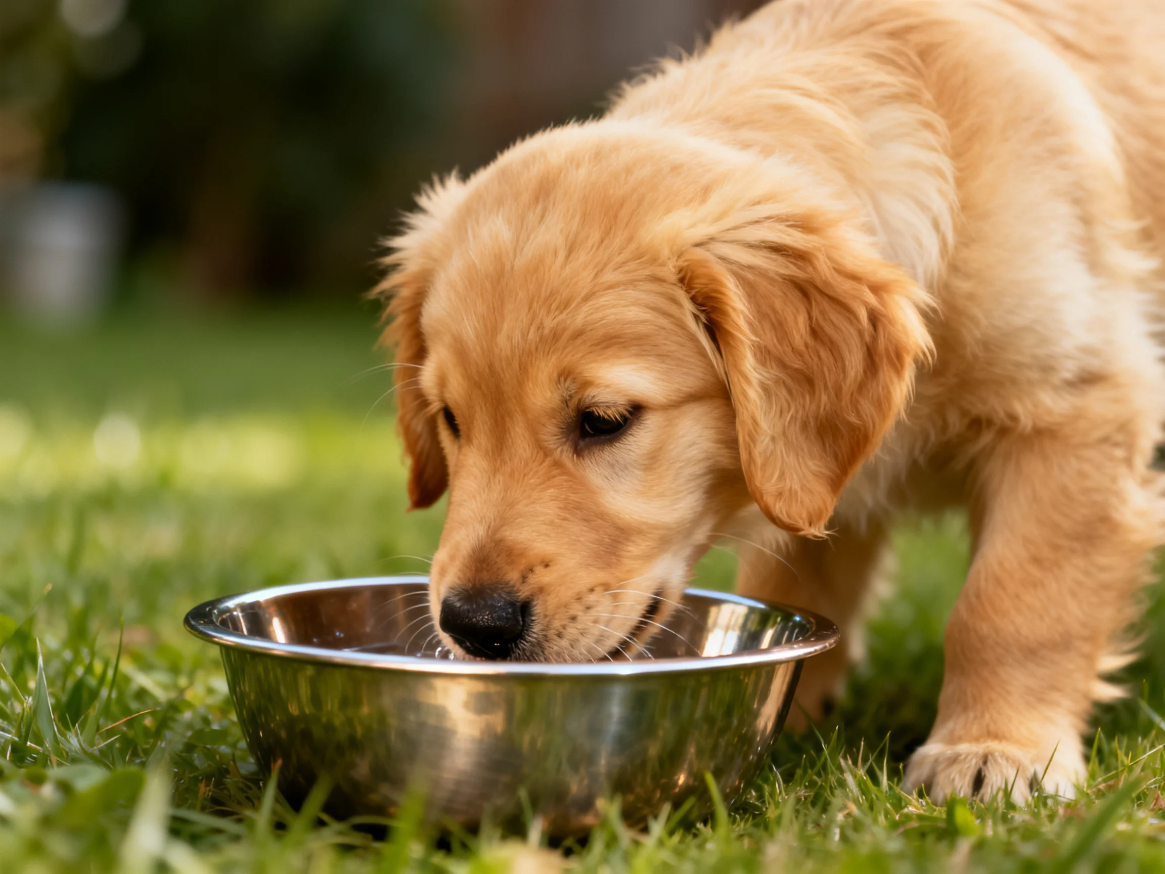A golden retriever puppy drinks from a metal bowl on grass.