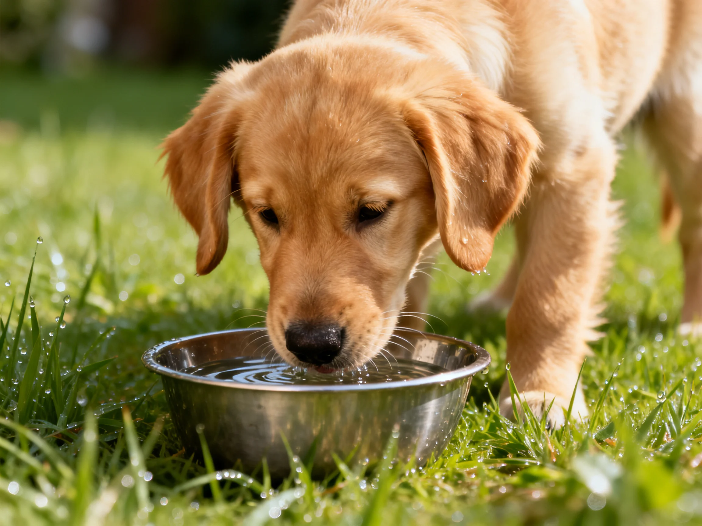 A golden retriever puppy drinks from a metal water bowl on dewy grass