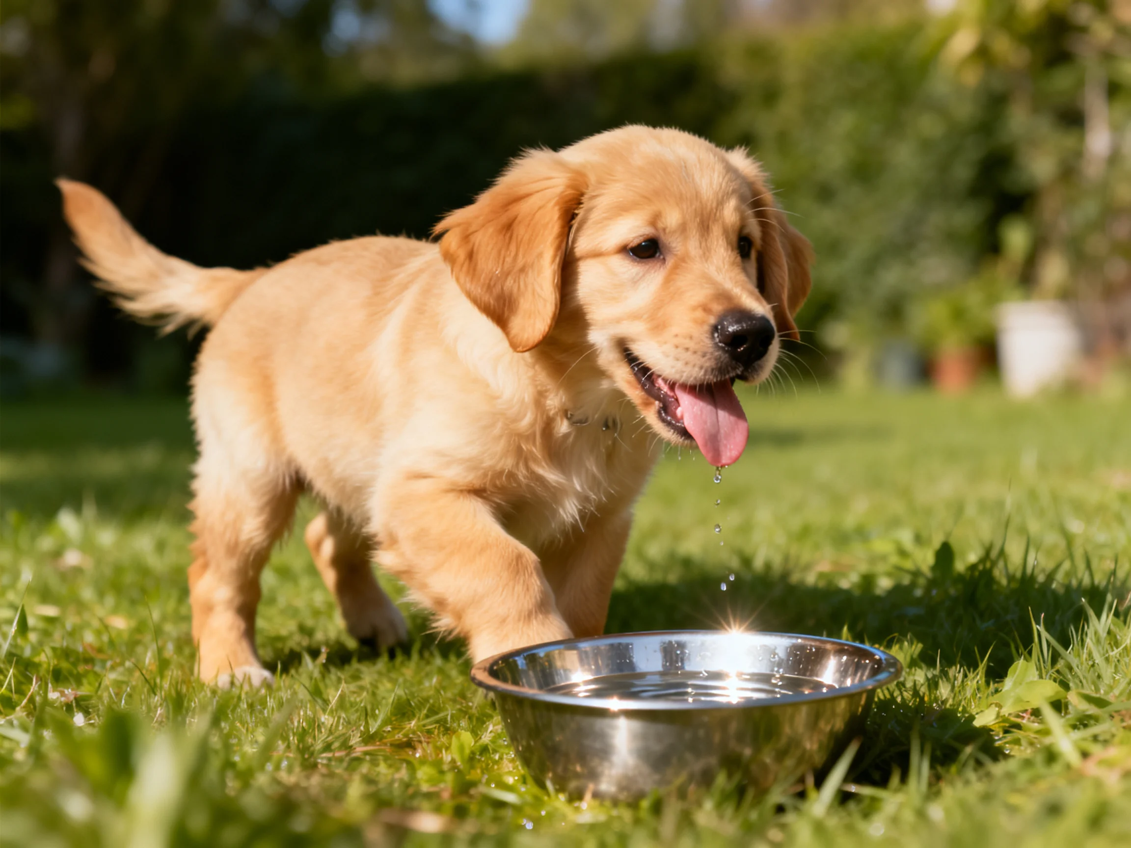 A golden retriever puppy drinks from a metal water bowl on green grass