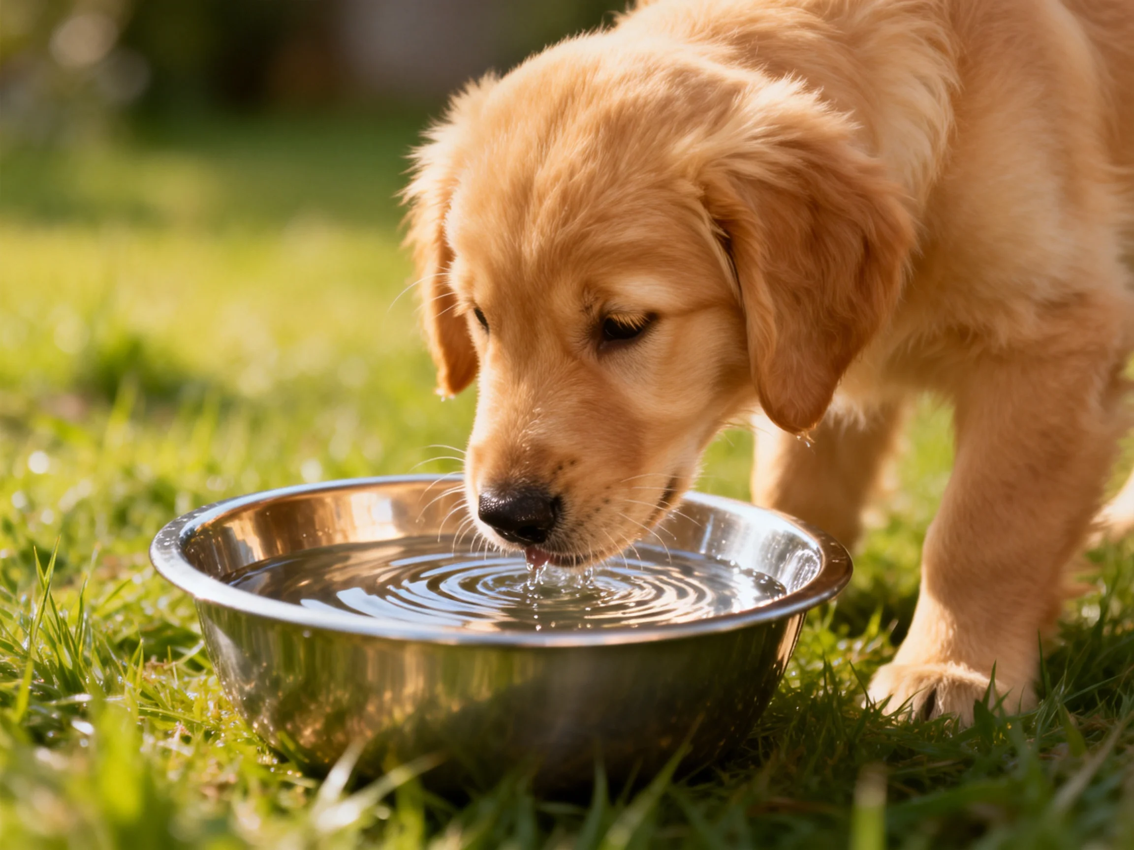 A golden retriever puppy drinks from a shiny metal bowl on green grass