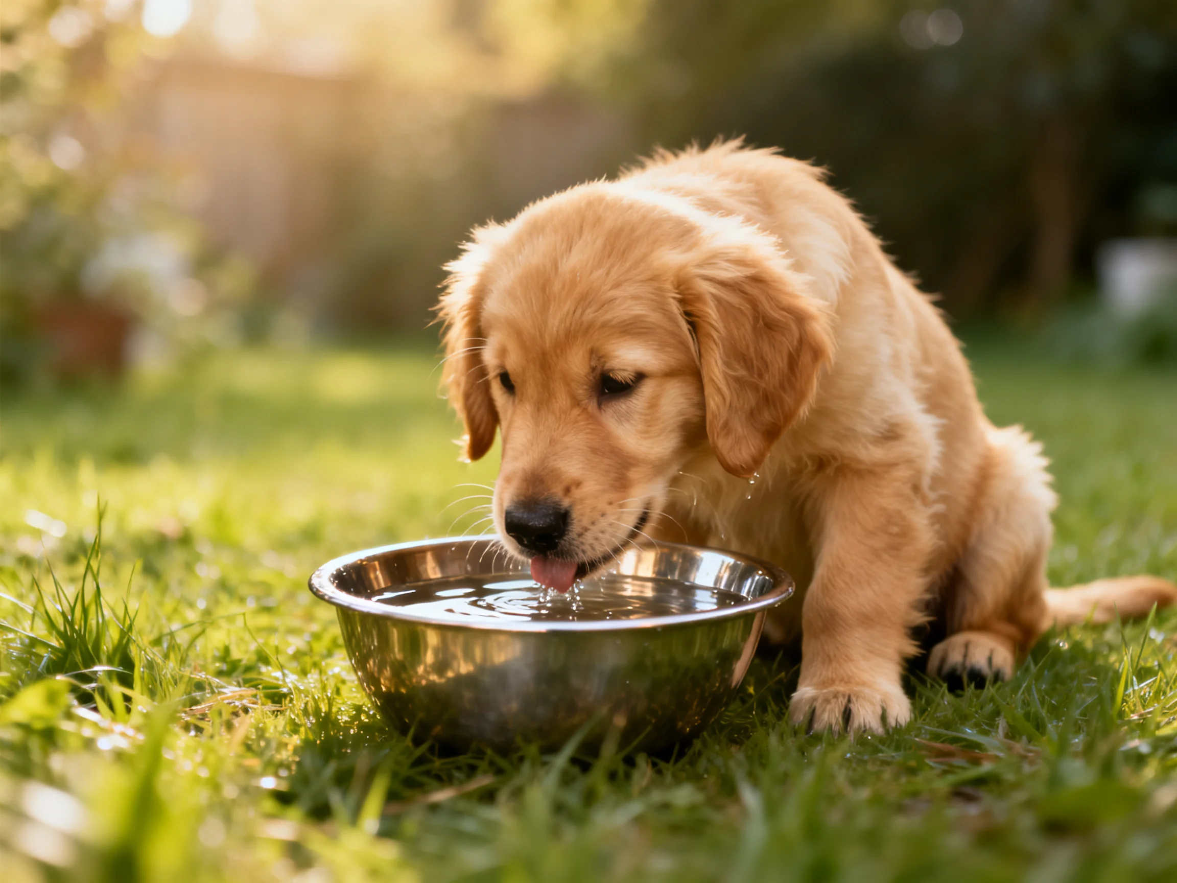 A golden retriever puppy drinks from a shiny metal bowl on green grass