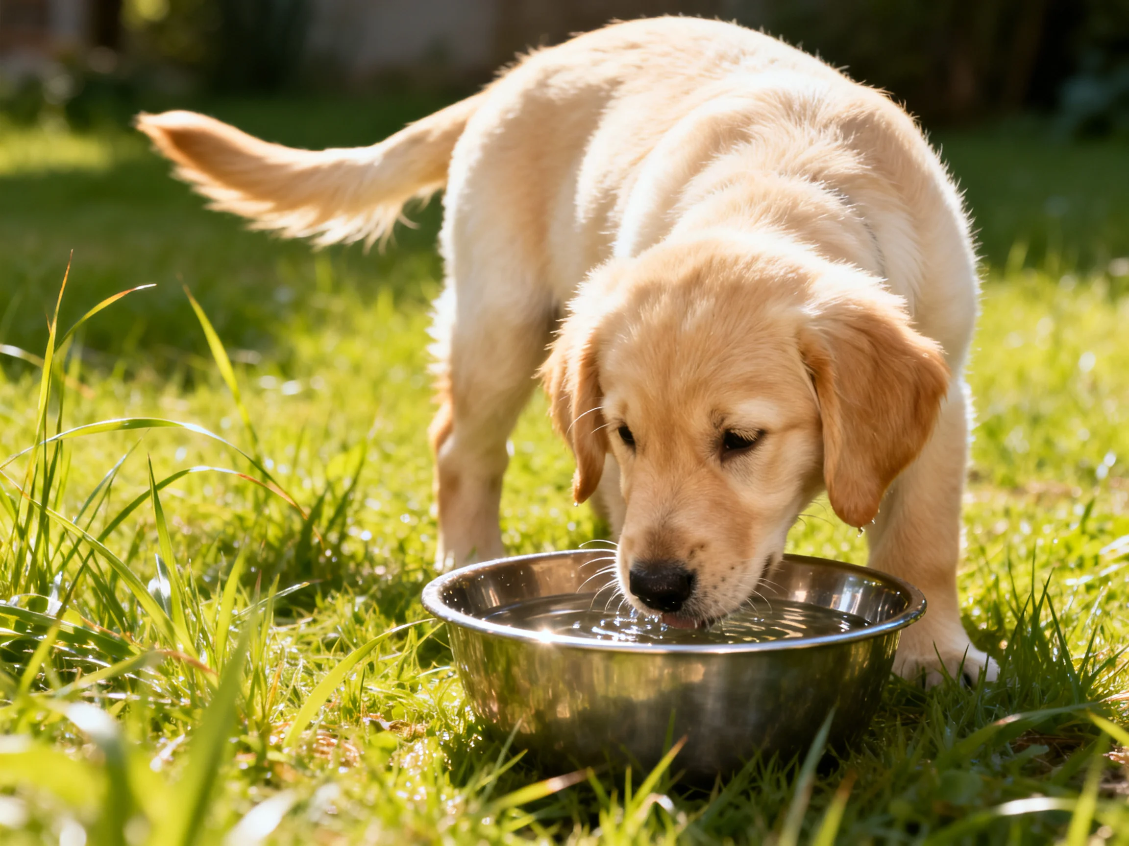 A golden retriever puppy drinks from a stainless steel bowl on lush green grass