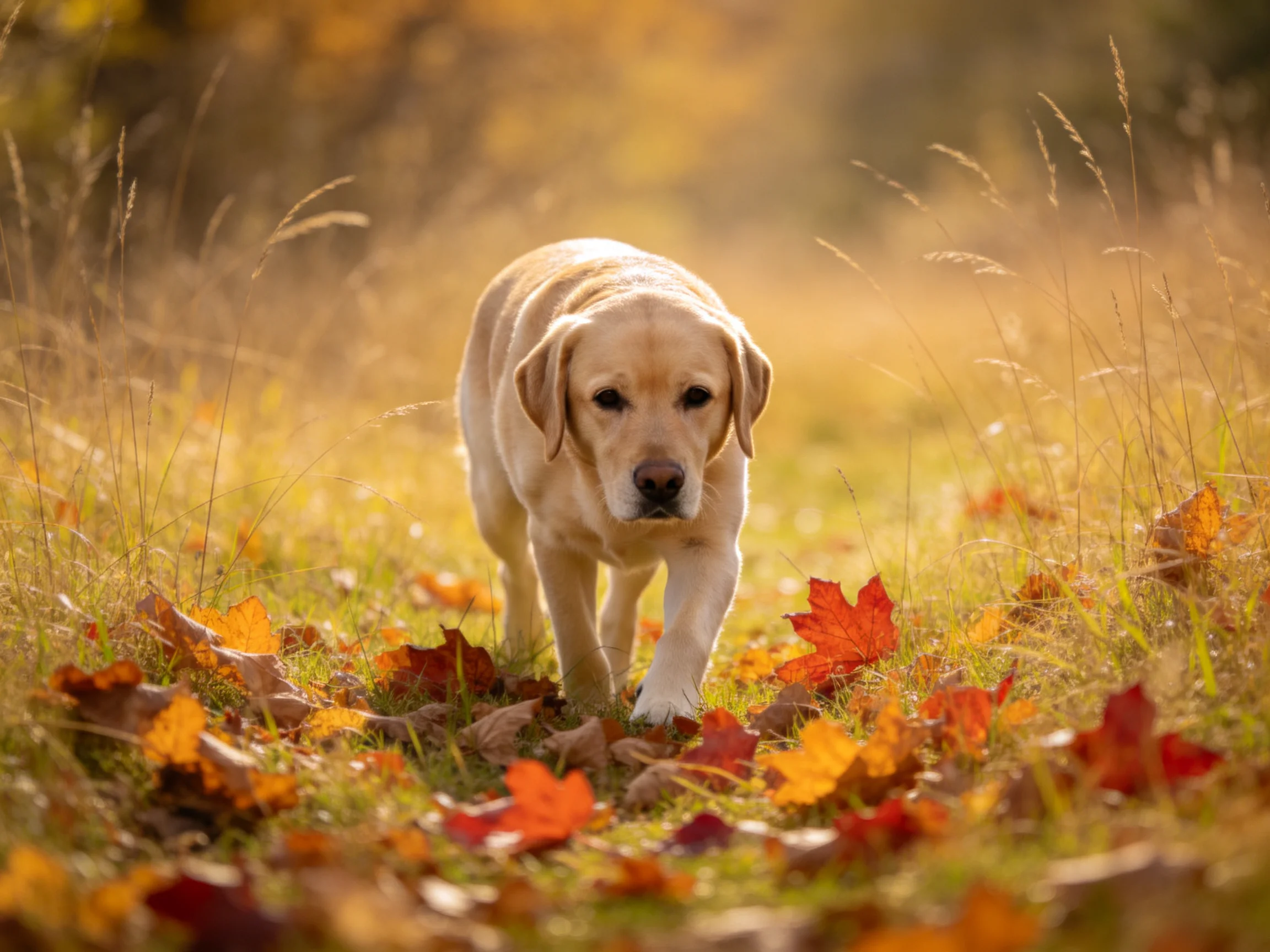 A golden retriever puppy explores a sunlit meadow with colorful autumn leaves