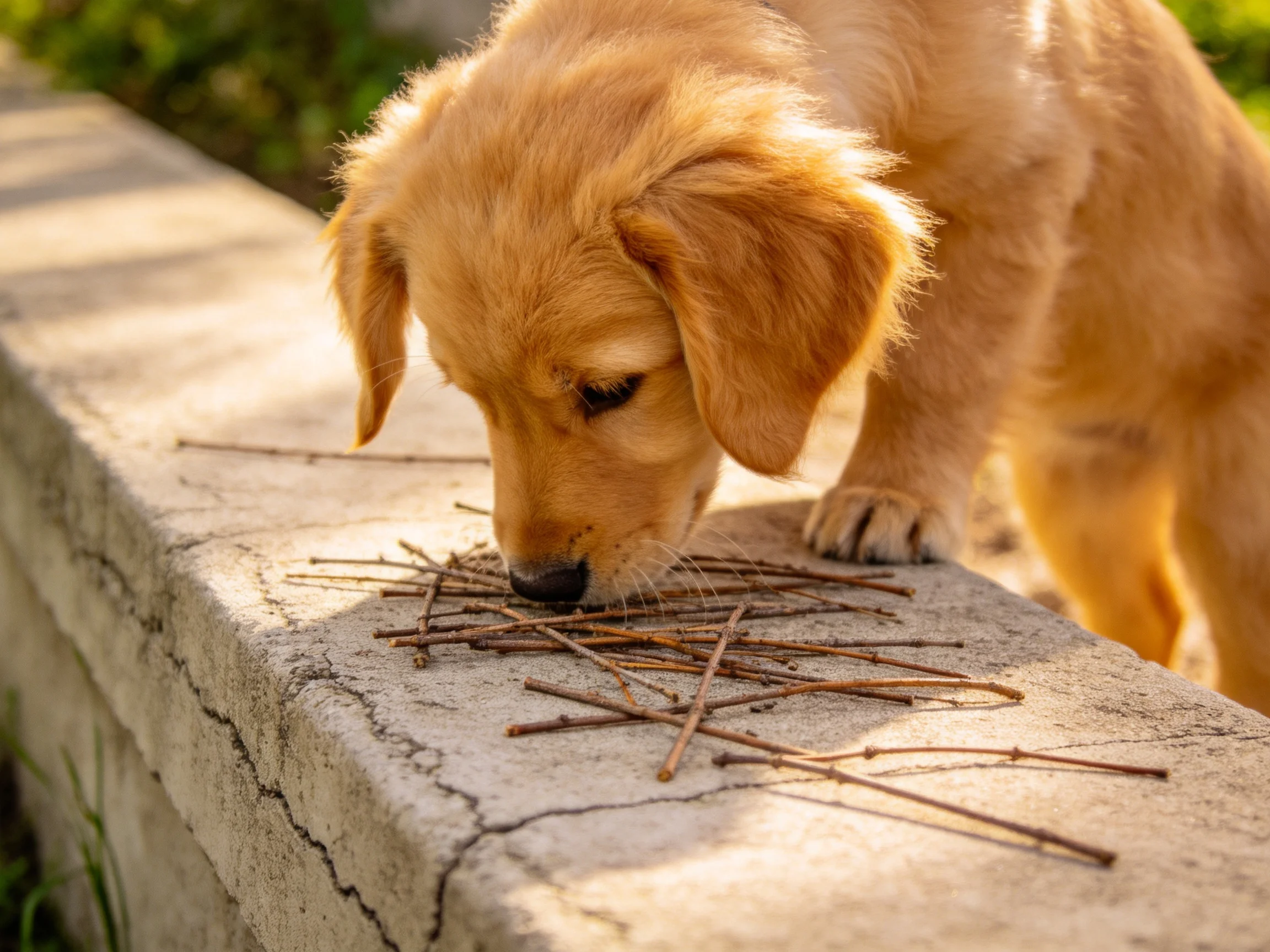 A golden retriever puppy exploring twigs on a cracked concrete ledge