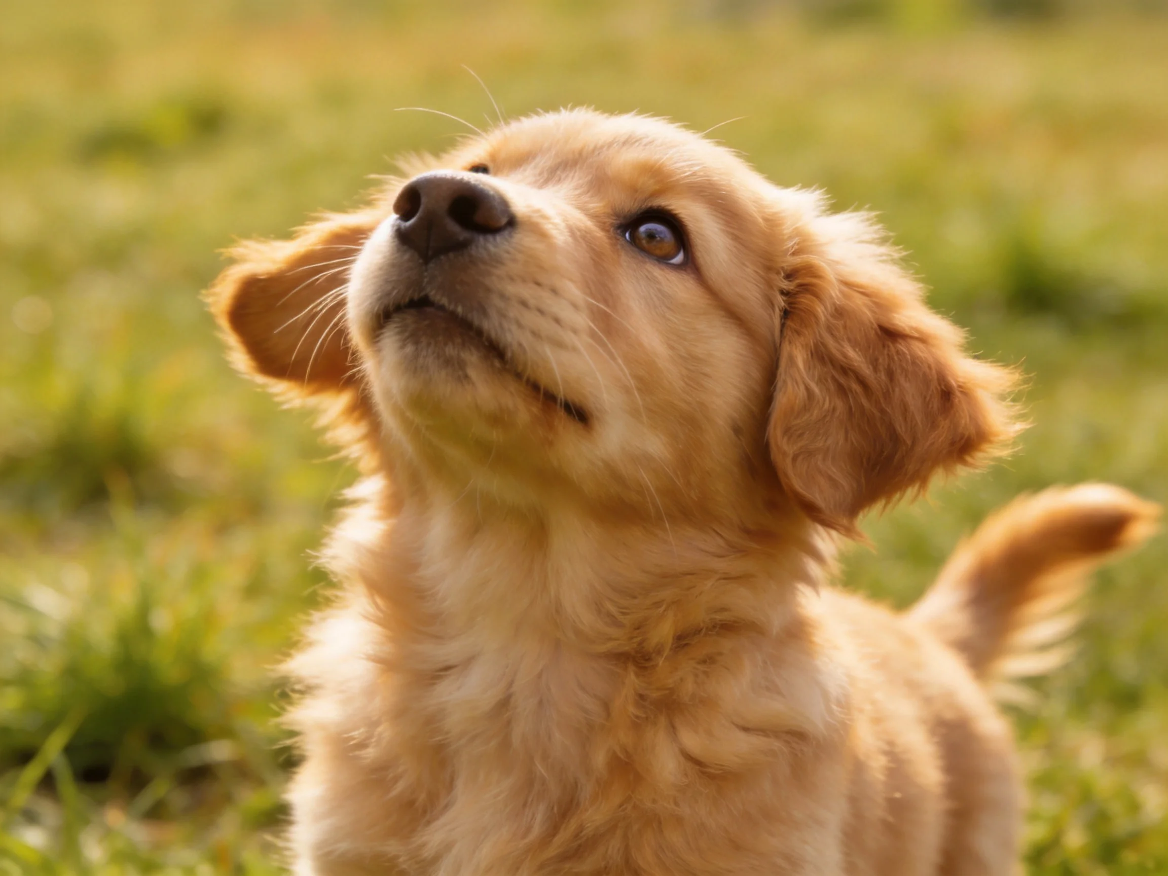 A golden retriever puppy gazing upward in a sunlit grassy field