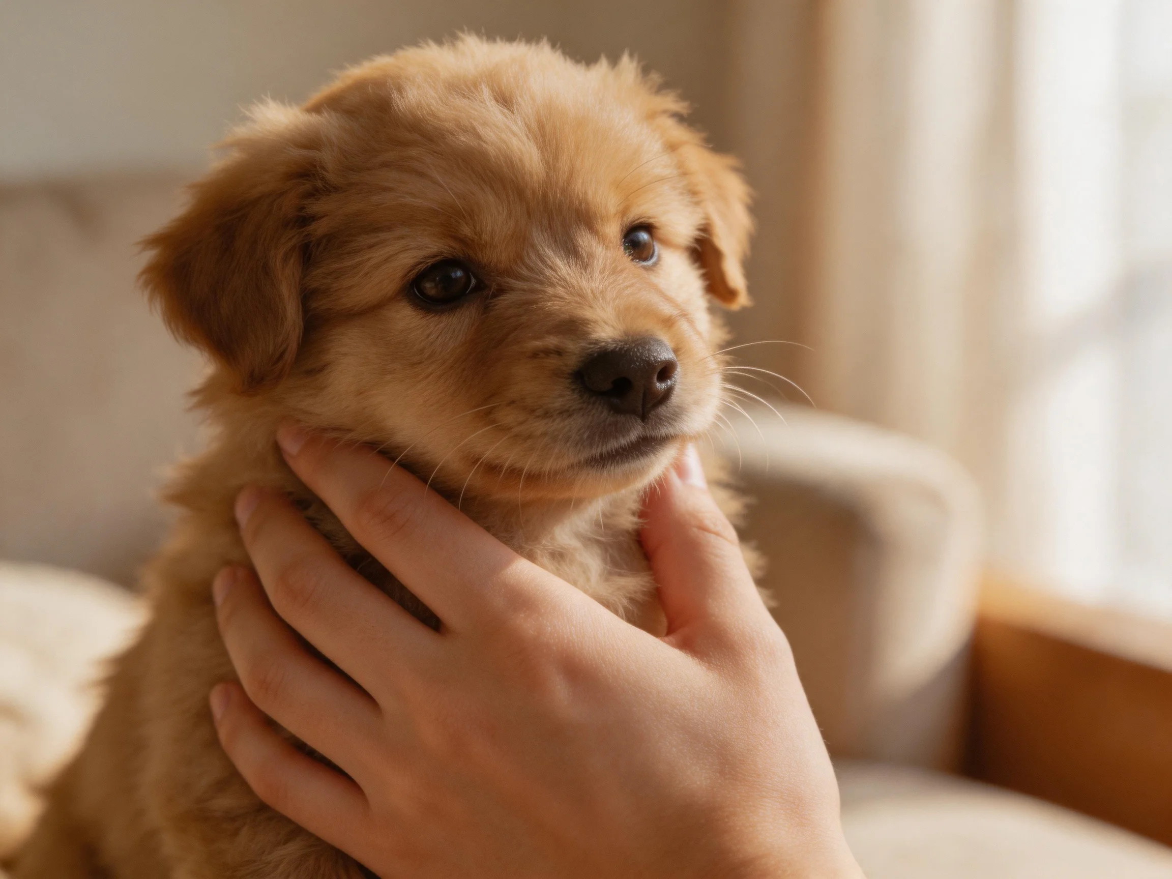 A golden retriever puppy gently held in a warm living room