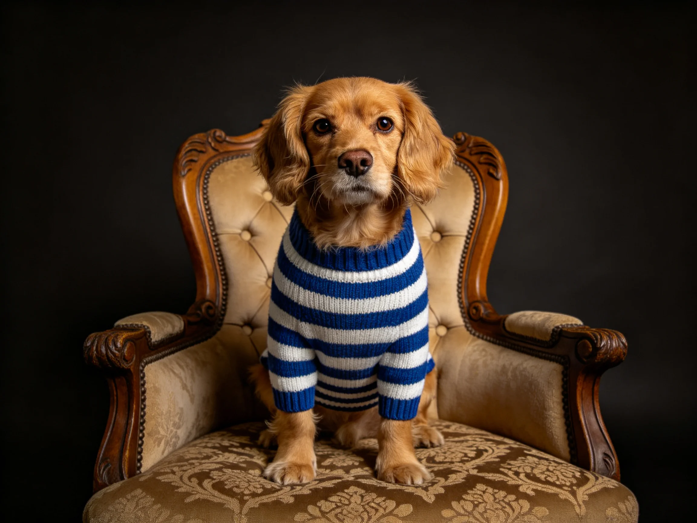 A golden retriever puppy in a blue-and-white striped sweater sits on an ornate wooden chair
