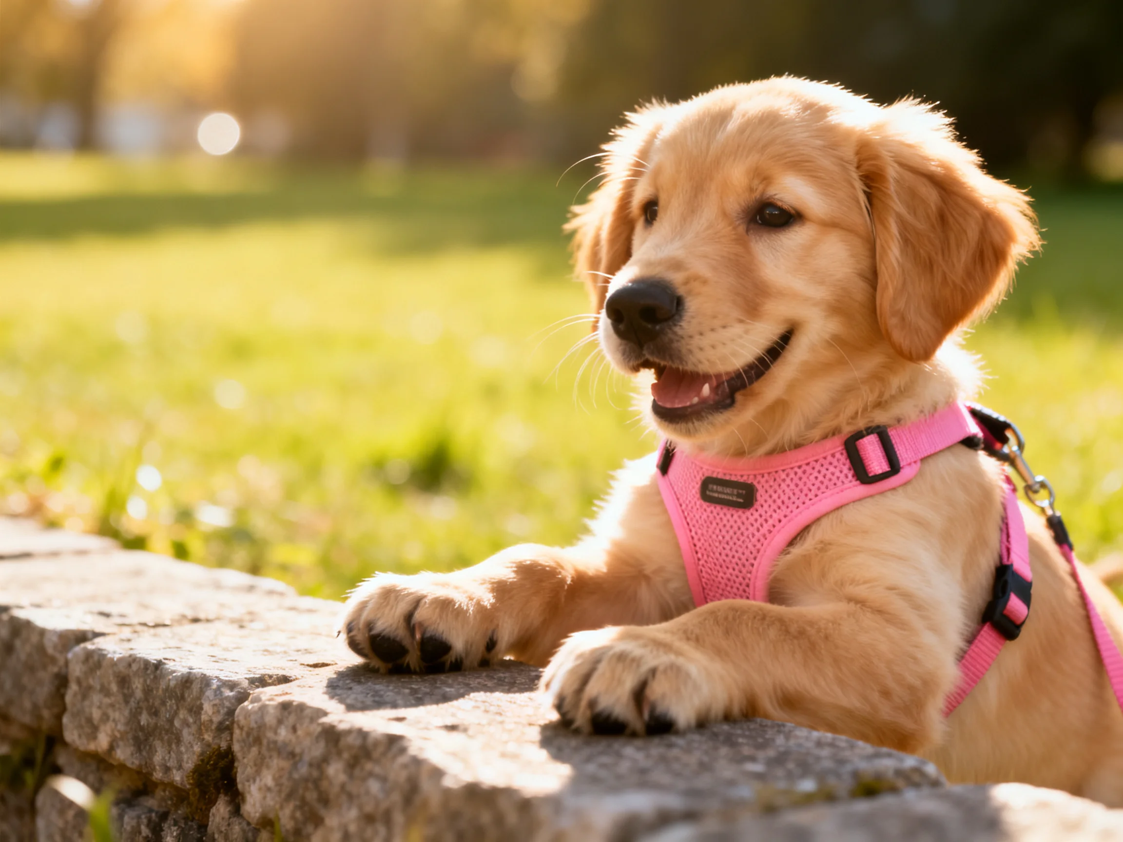 A golden retriever puppy in a pink harness relaxes near a stone wall in a sunlit outdoor area.