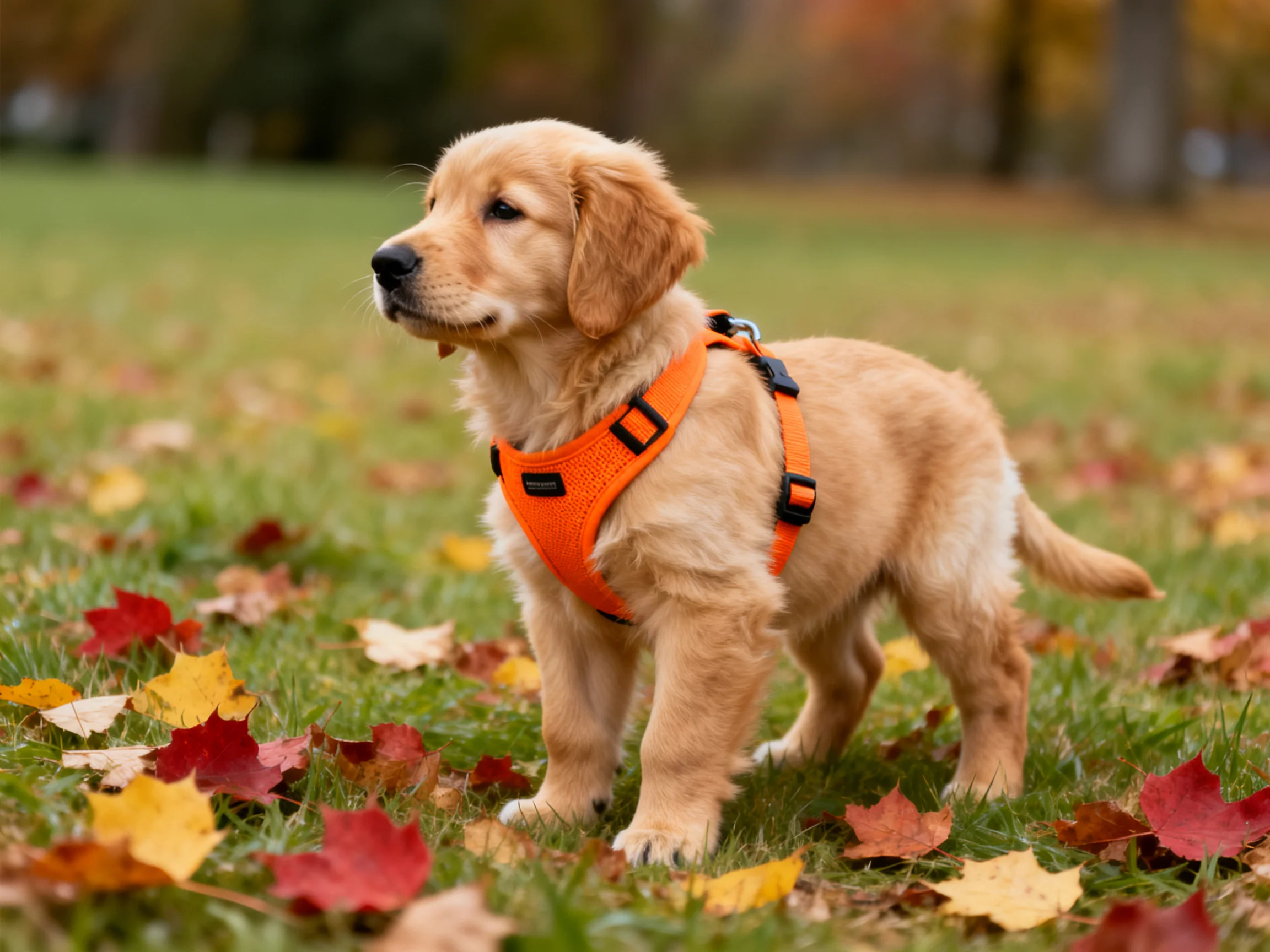 A golden retriever puppy wears an orange harness while standing on a grassy area with autumn leaves.