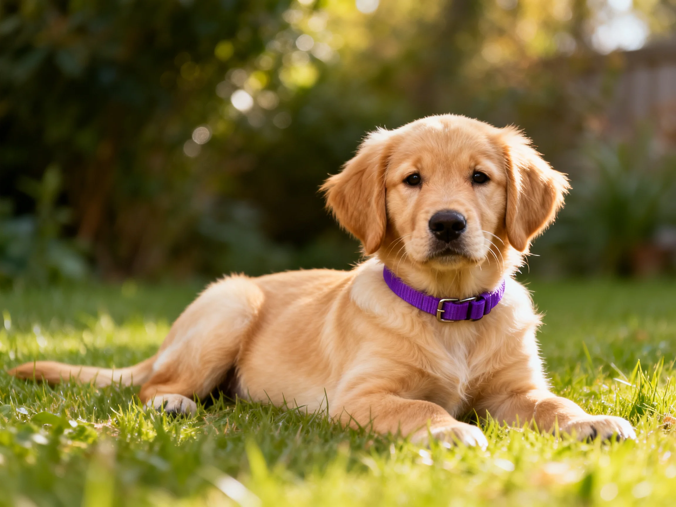 A golden retriever puppy relaxes on green grass in a sunlit outdoor setting.