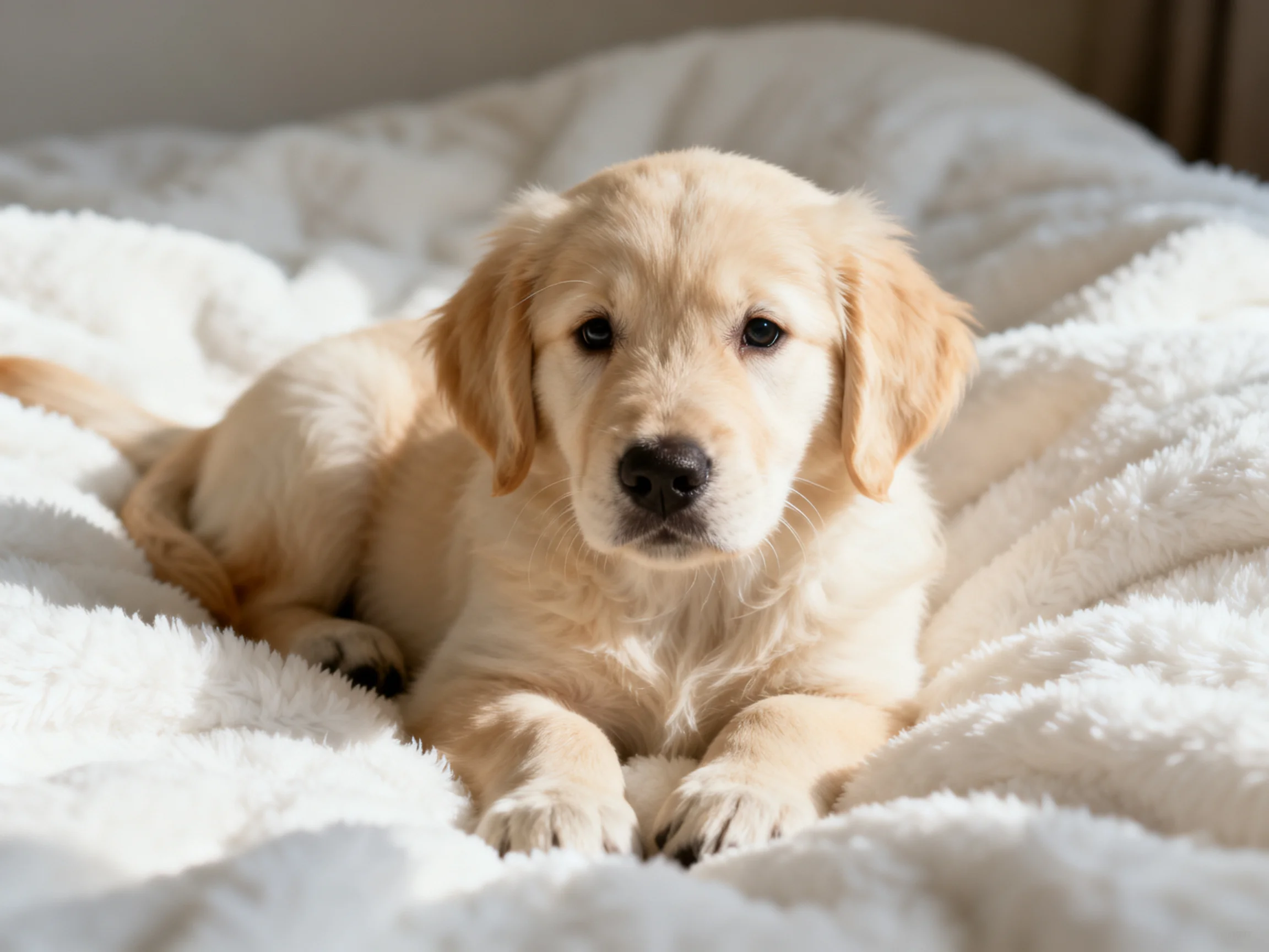 A golden retriever puppy lounging on a fluffy white bedspread