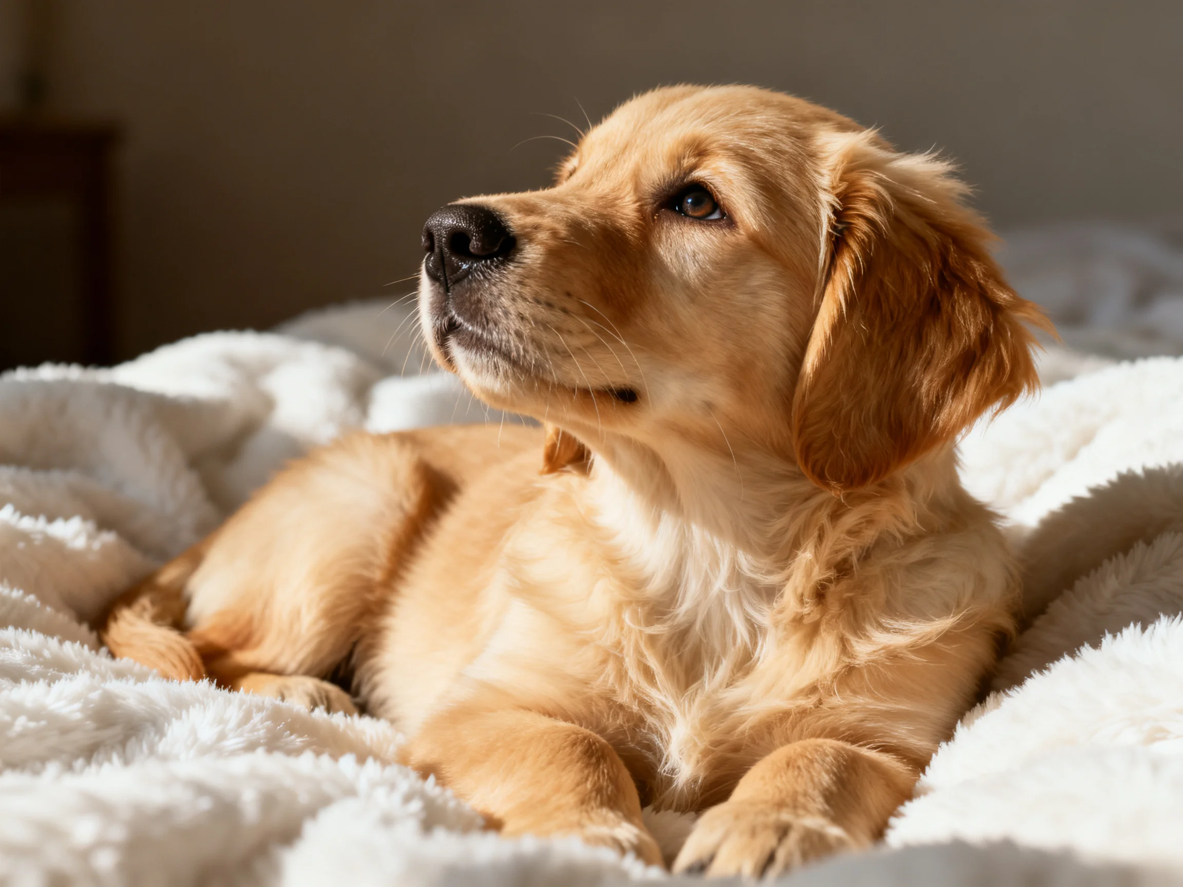 A golden retriever puppy lounging on a plush white blanket in warm sunlight