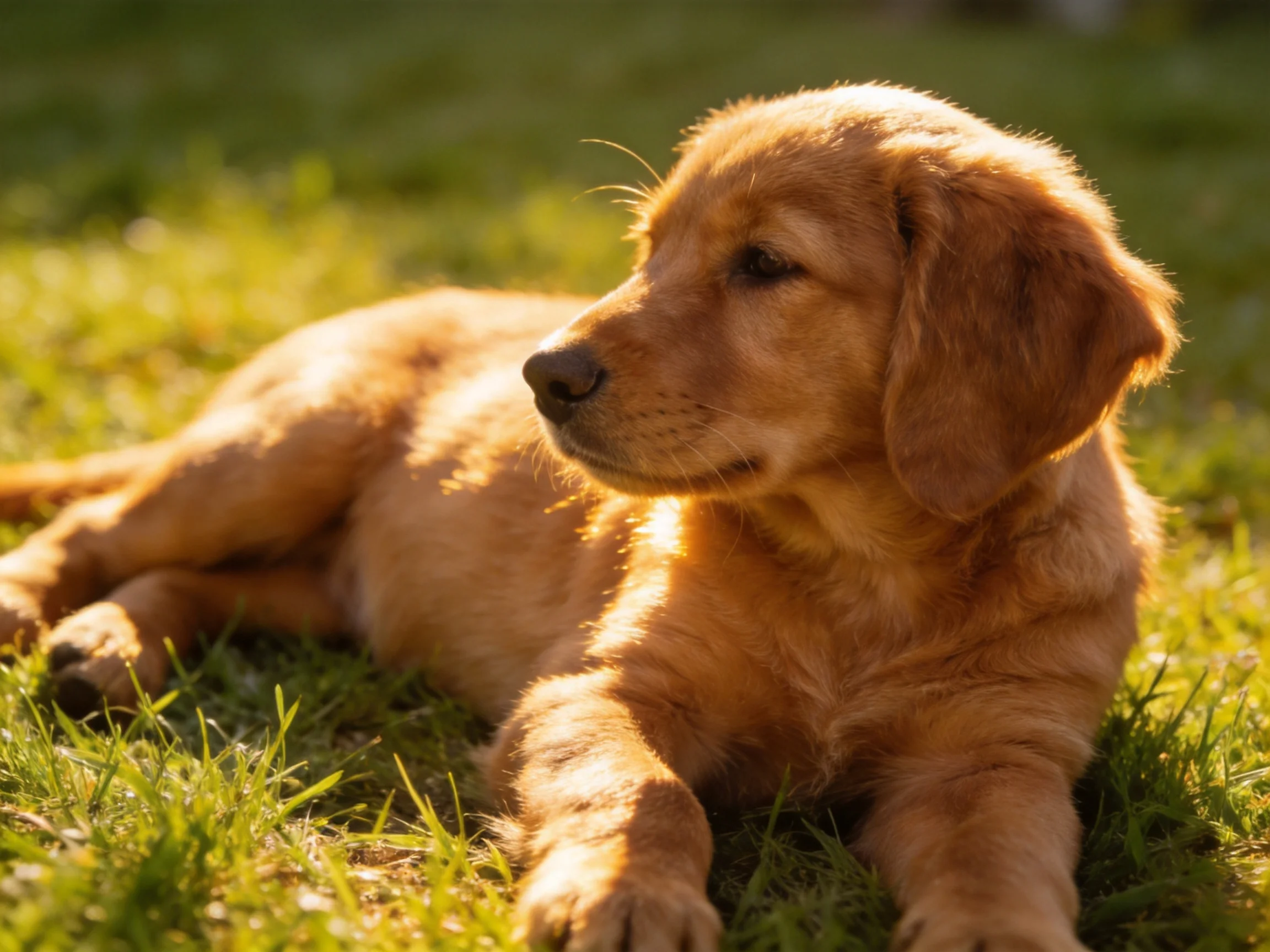 A golden retriever puppy relaxes on grass in bright sunlight.