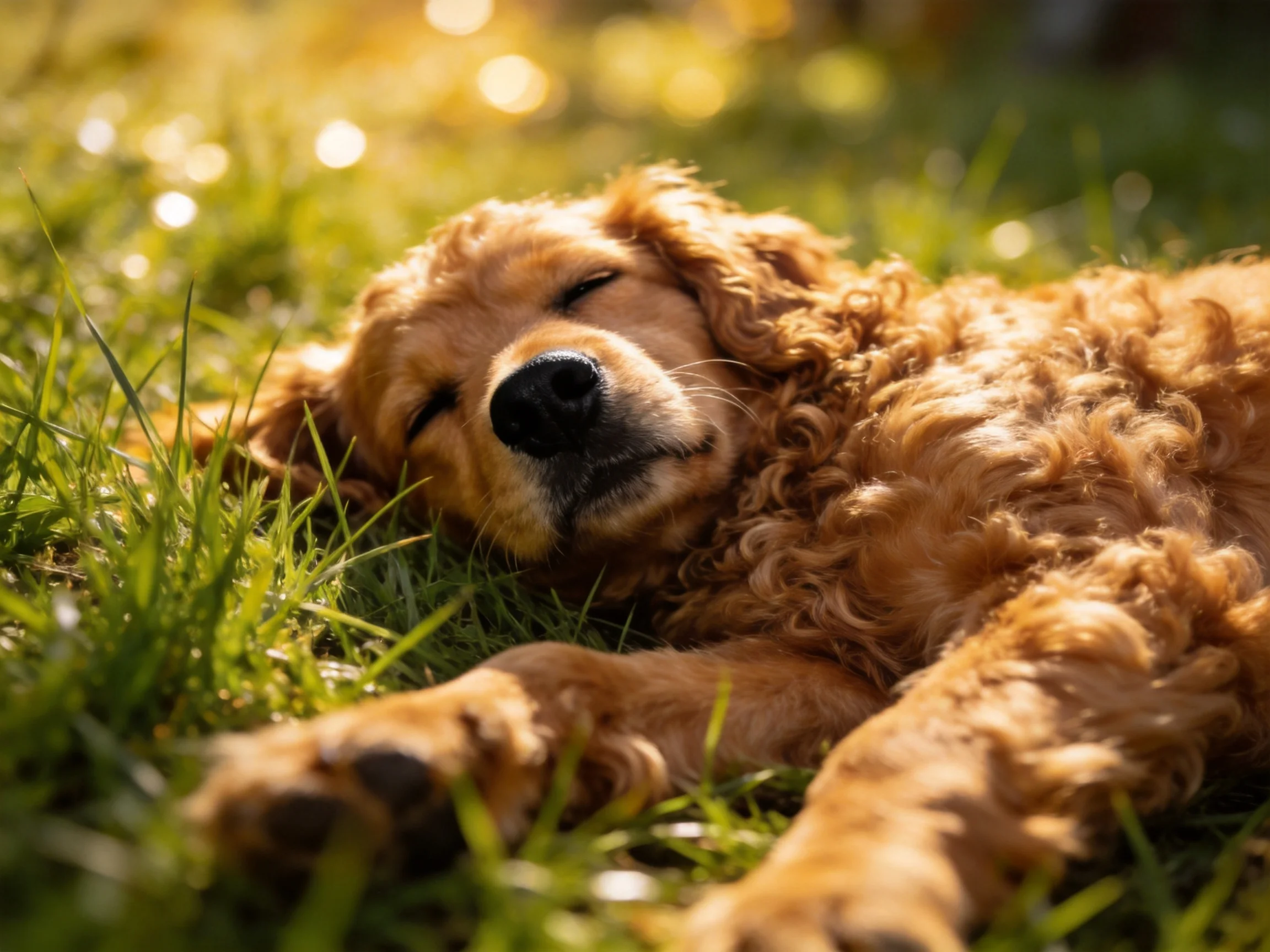 A golden retriever puppy napping in lush green grass under bright sunlight