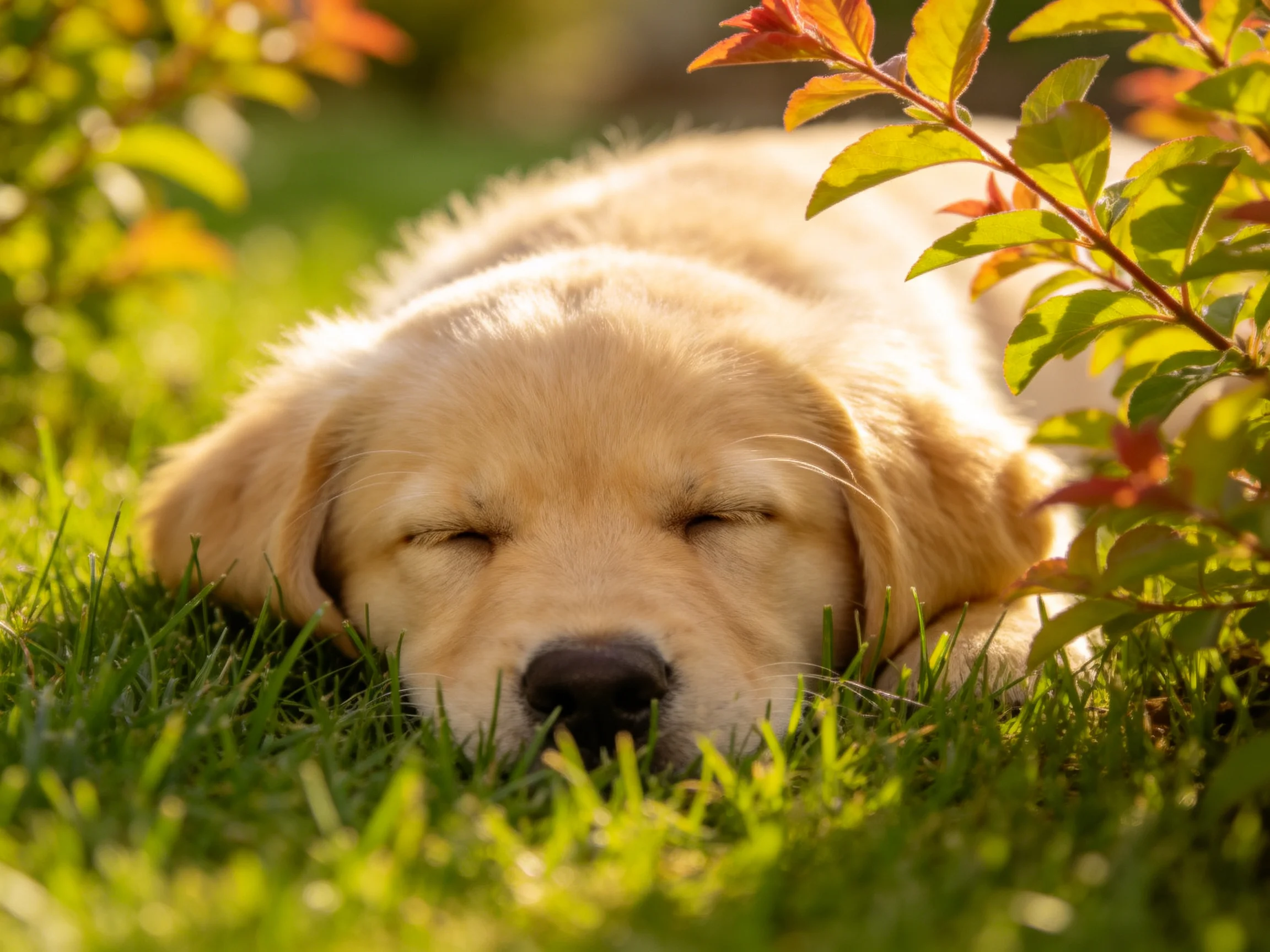 A golden retriever puppy naps on green grass among leafy plants