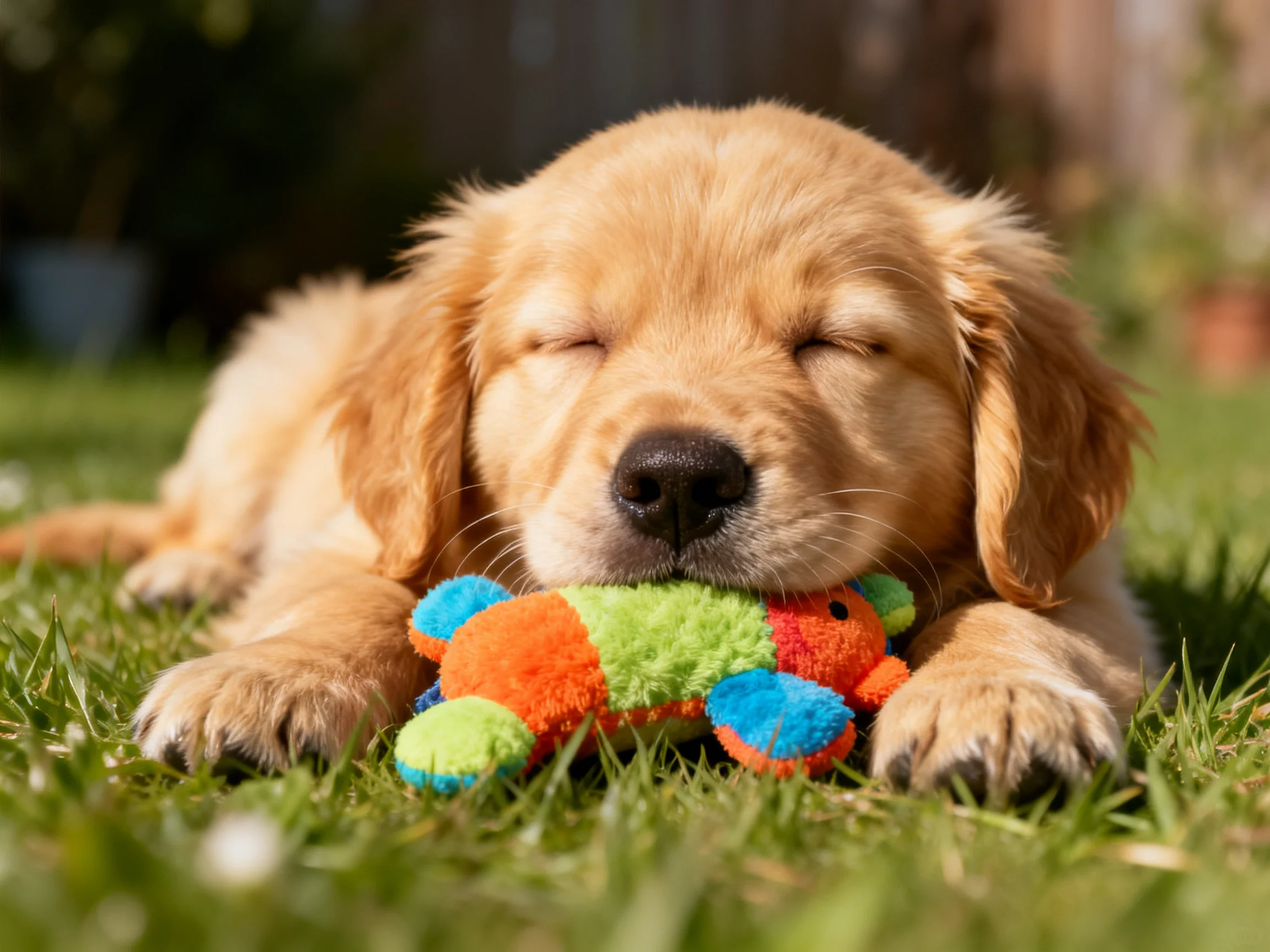 A golden retriever puppy sleeps with a stuffed toy on grass.