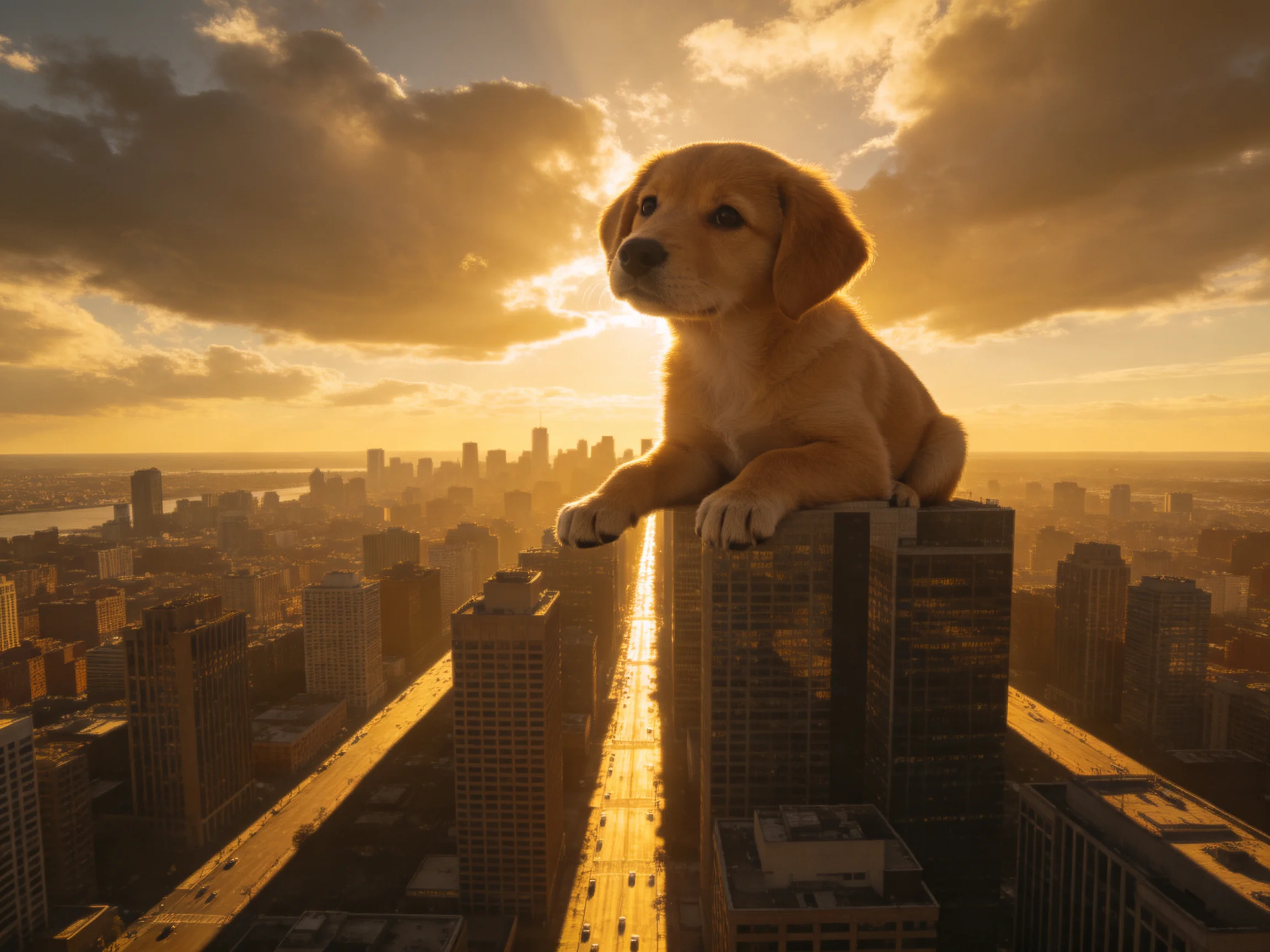 A golden retriever puppy sits atop a skyscraper overlooking a vast city at sunset.
