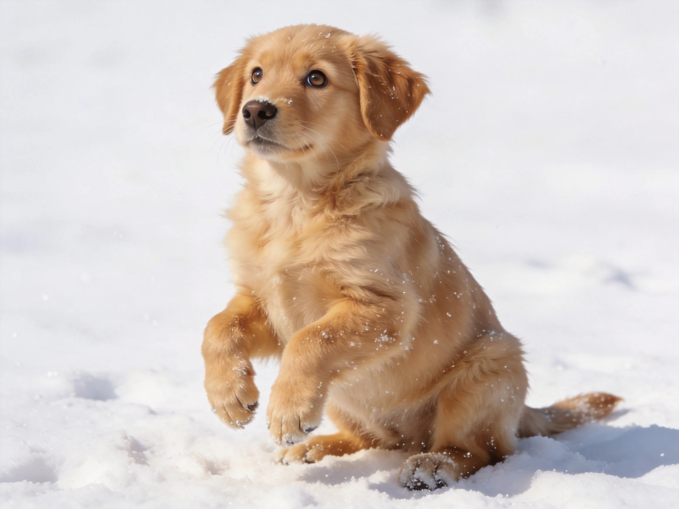 A golden retriever puppy plays in bright white snow