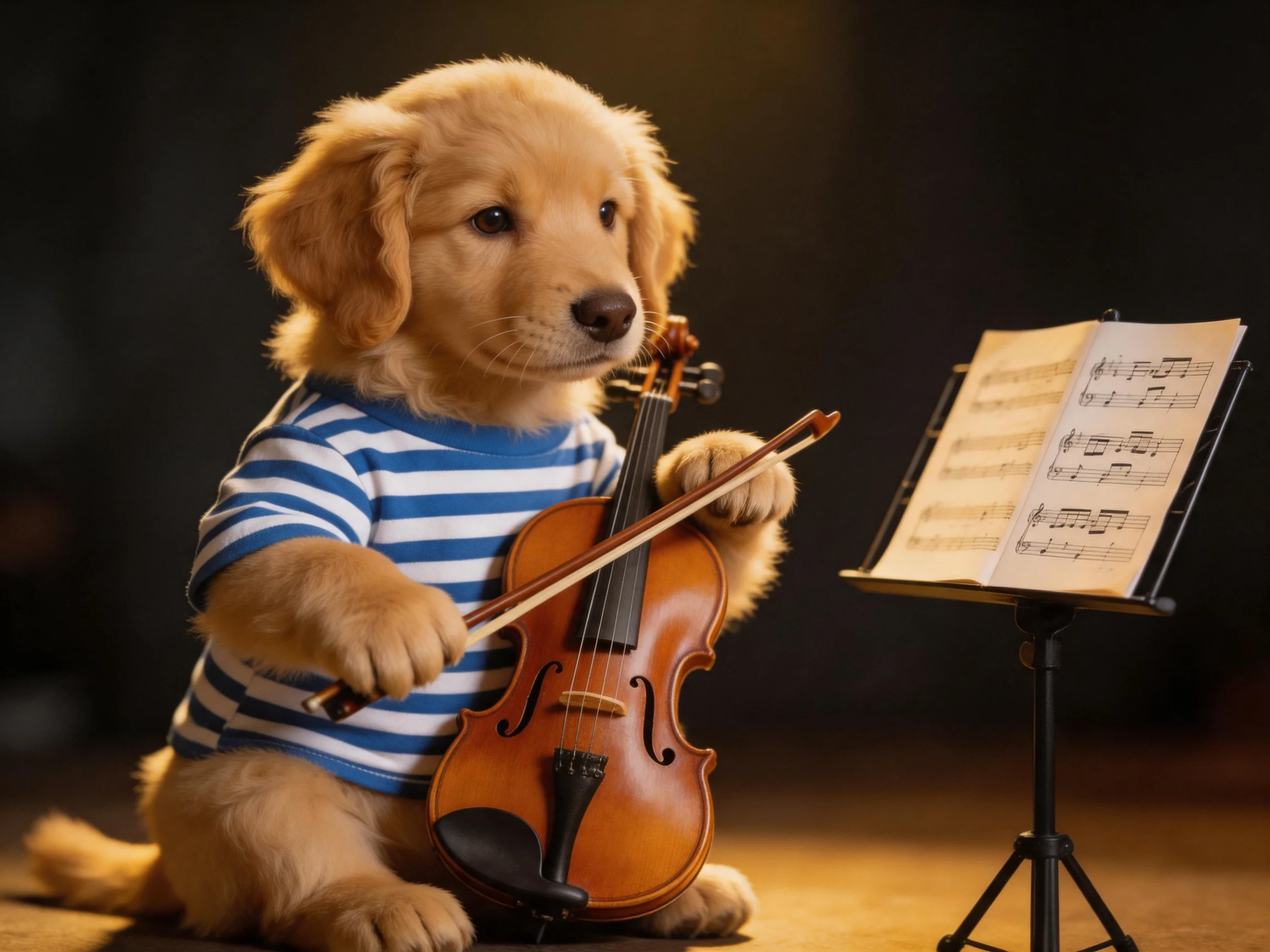 A golden retriever puppy plays violin next to a music stand with sheet music.