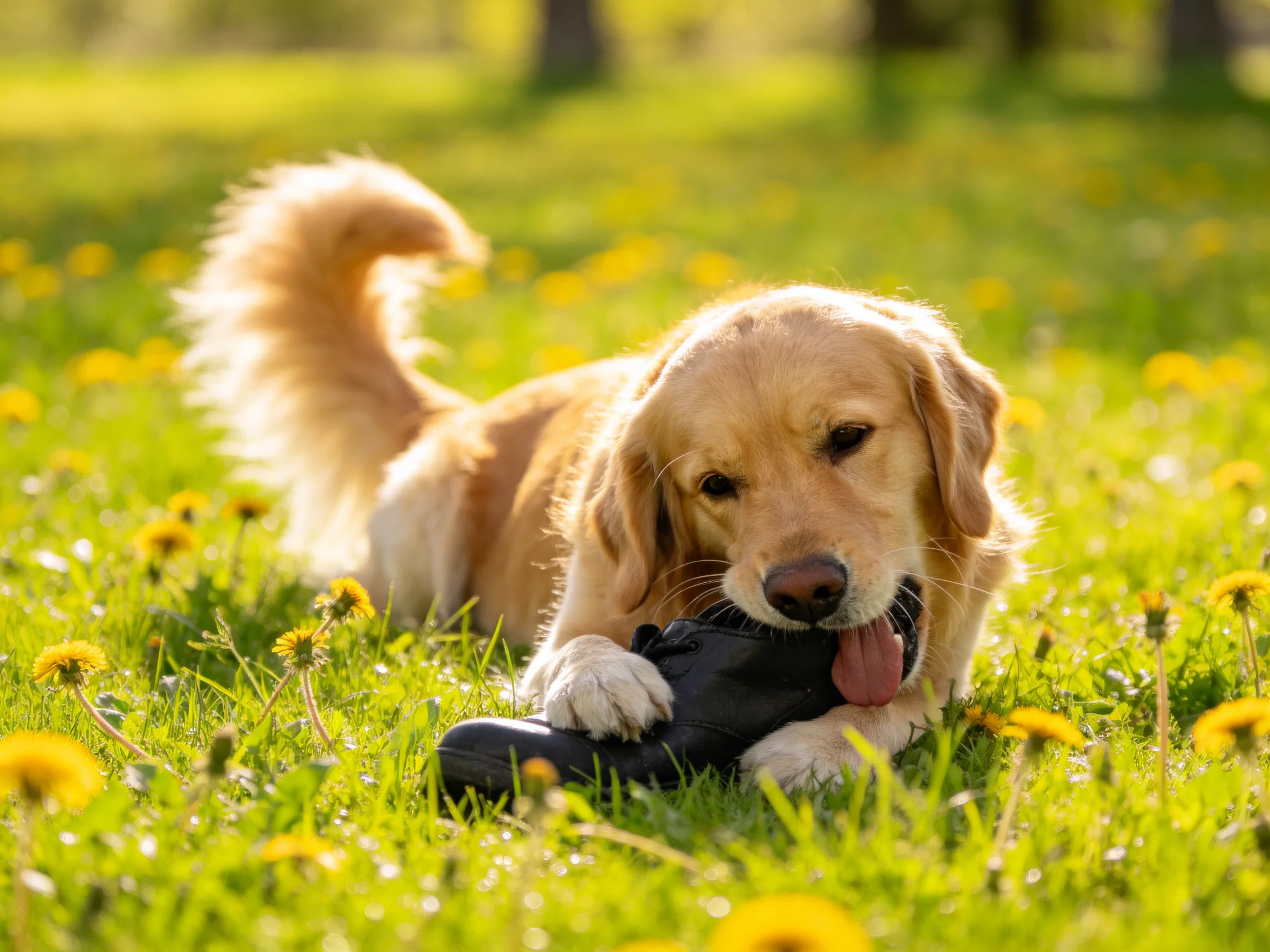 A golden retriever puppy plays with a black shoe in a field of yellow dandelions