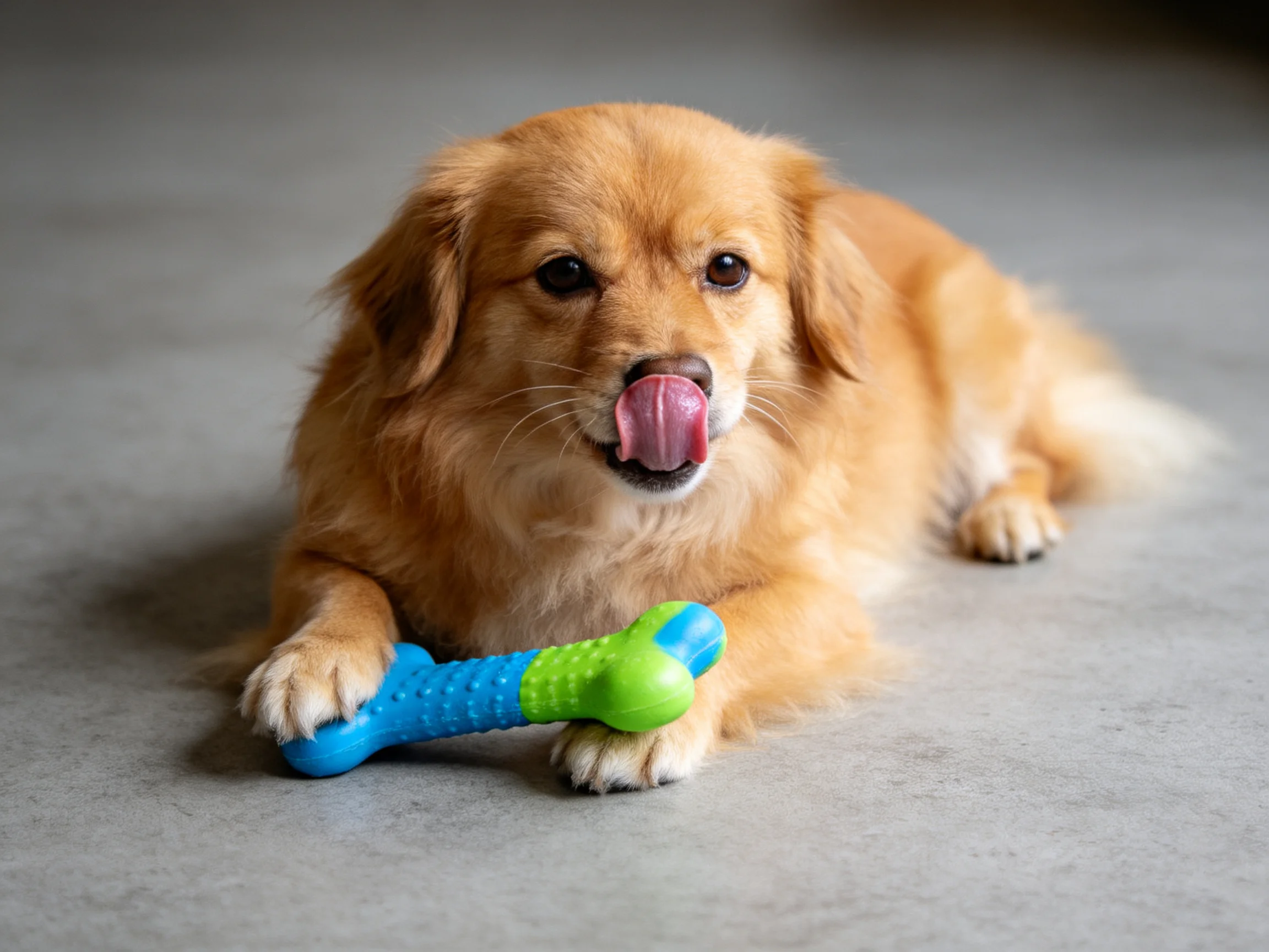 A golden retriever puppy plays with a colorful toy on a gray floor.