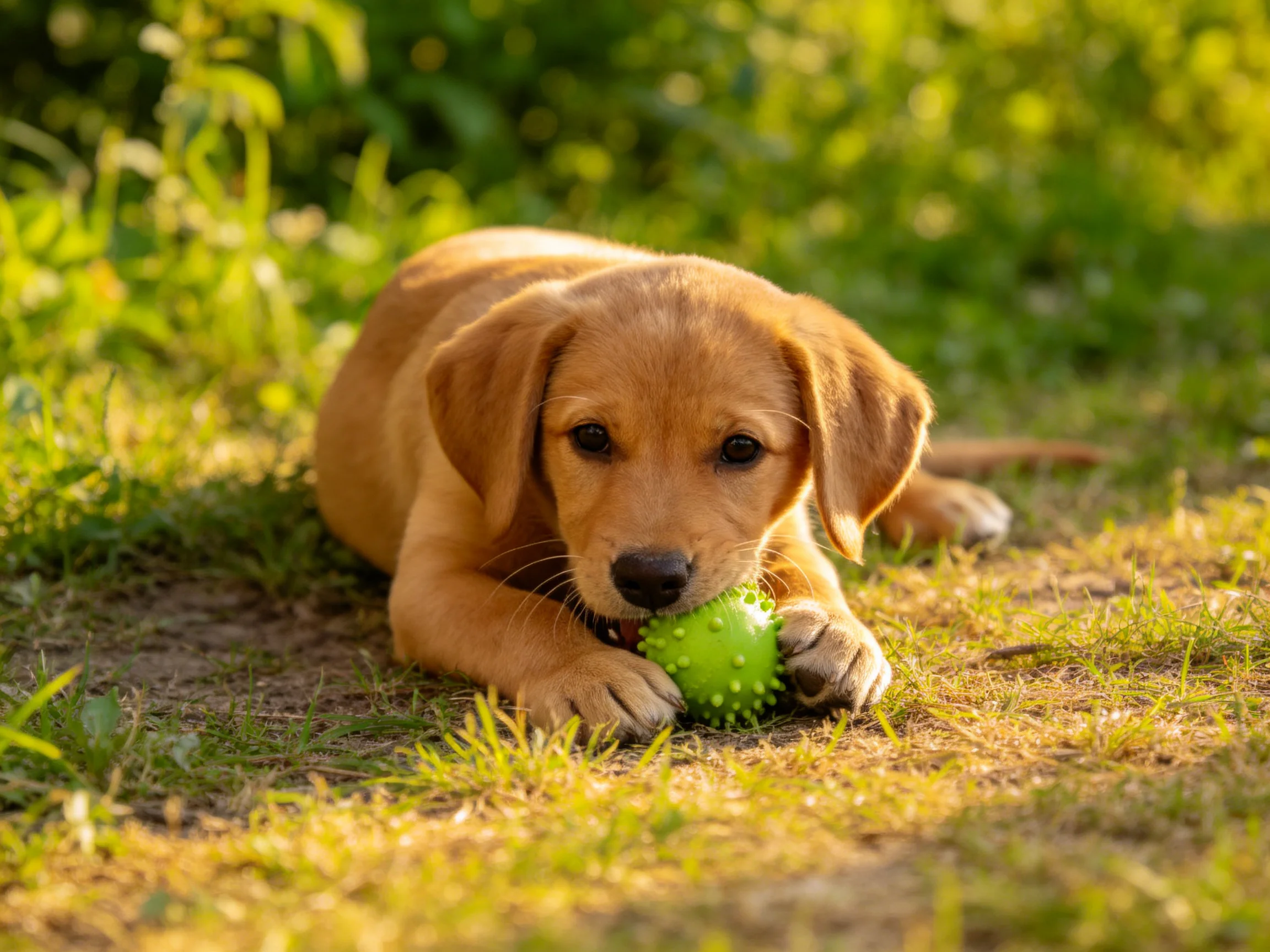 A golden retriever puppy plays with a green spiky ball outside