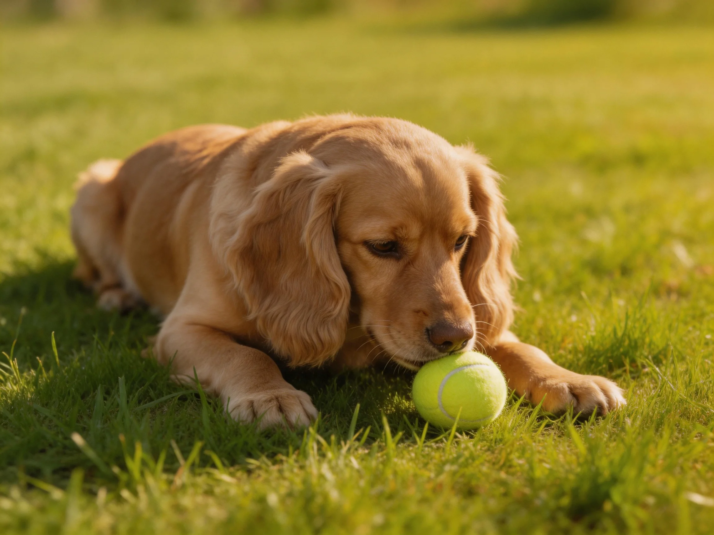A golden retriever puppy interacts with a tennis ball on grass.