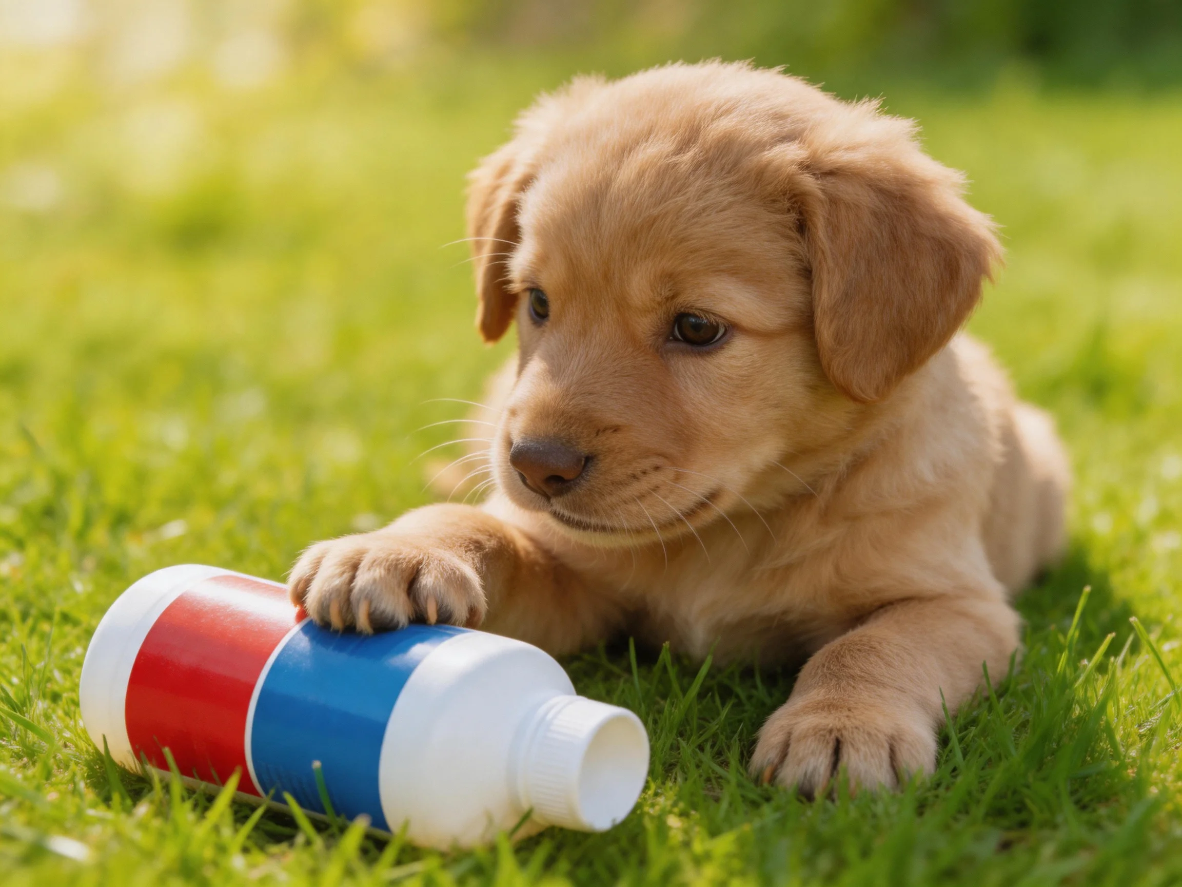 A golden retriever puppy explores a red-and-blue bottle on grass in sunlight