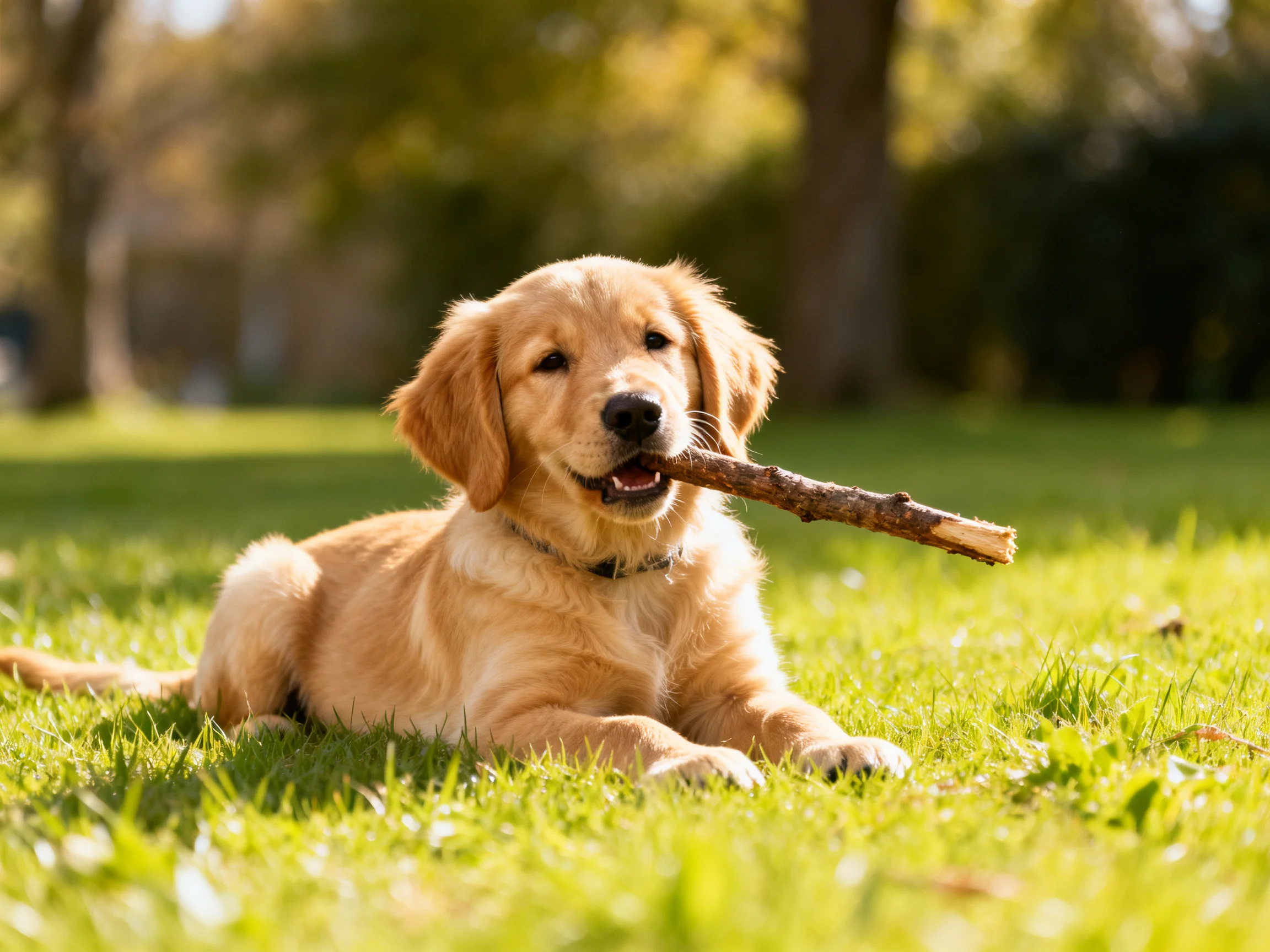 A golden retriever puppy plays with a wooden stick on green grass