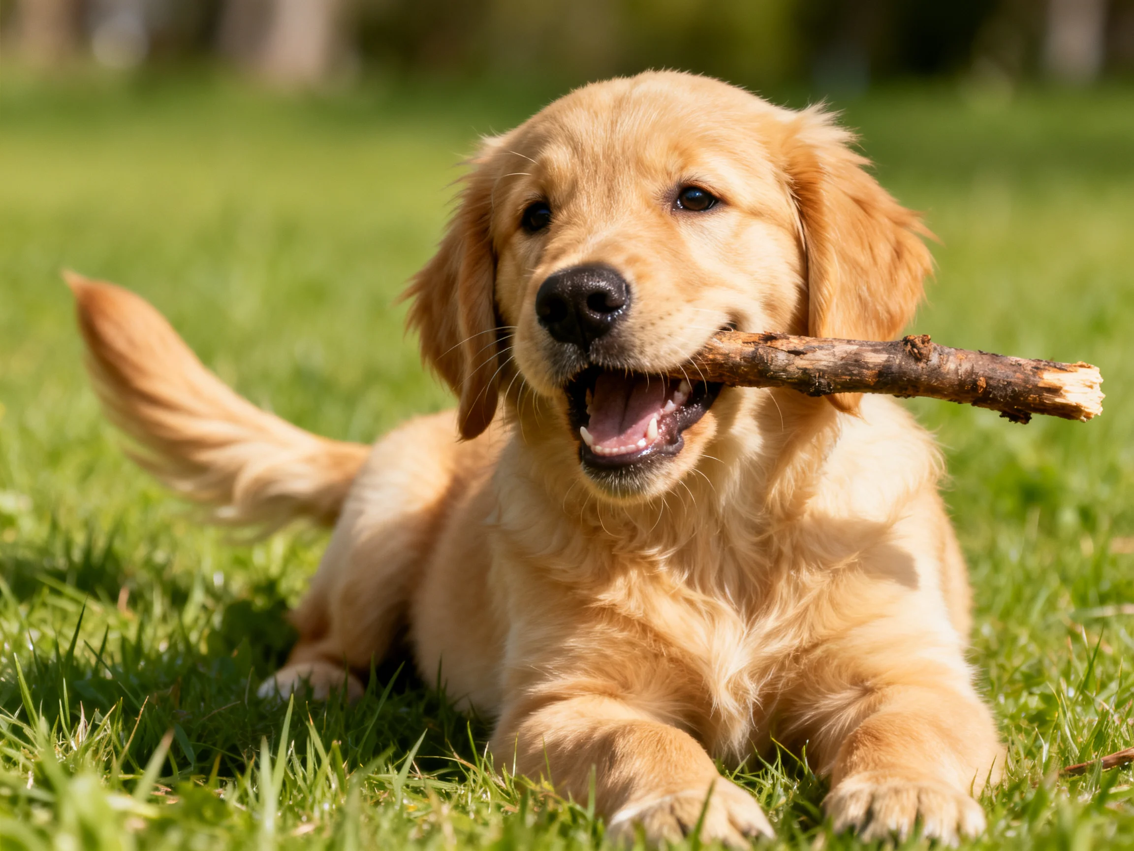 A golden retriever puppy plays with a wooden stick on lush green grass