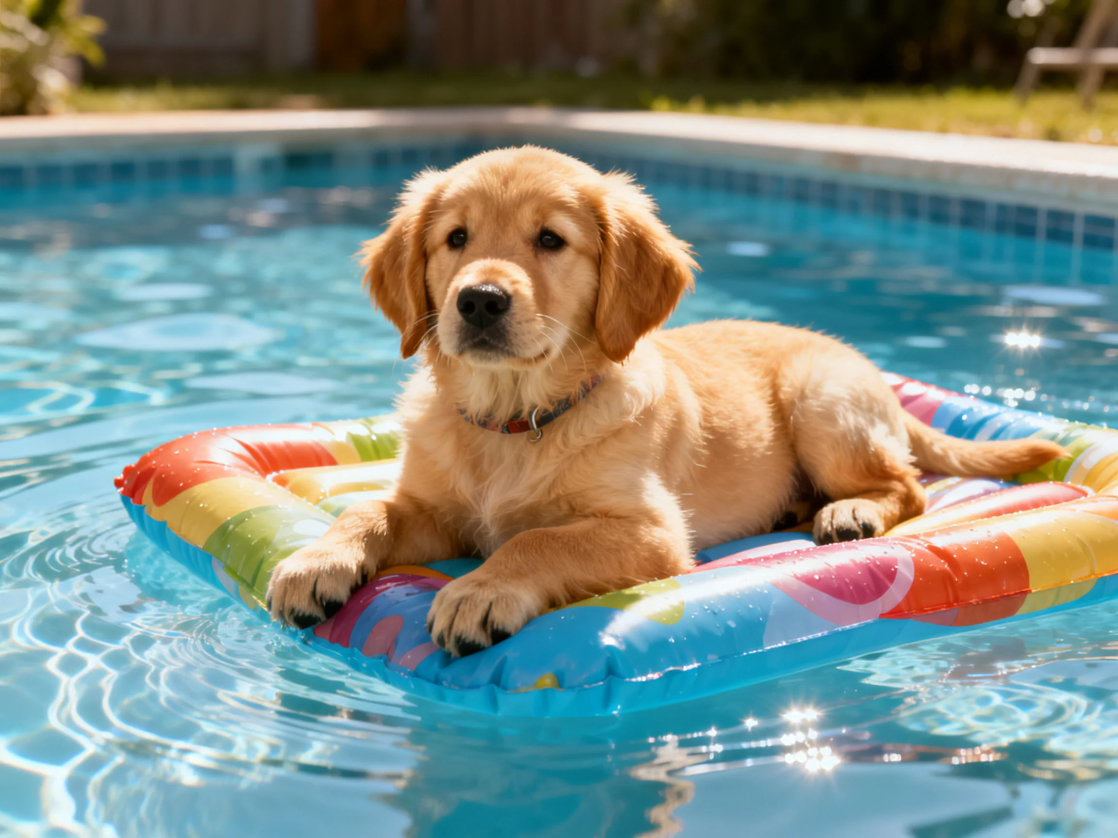 A golden retriever puppy relaxes on a colorful inflatable raft in a swimming pool
