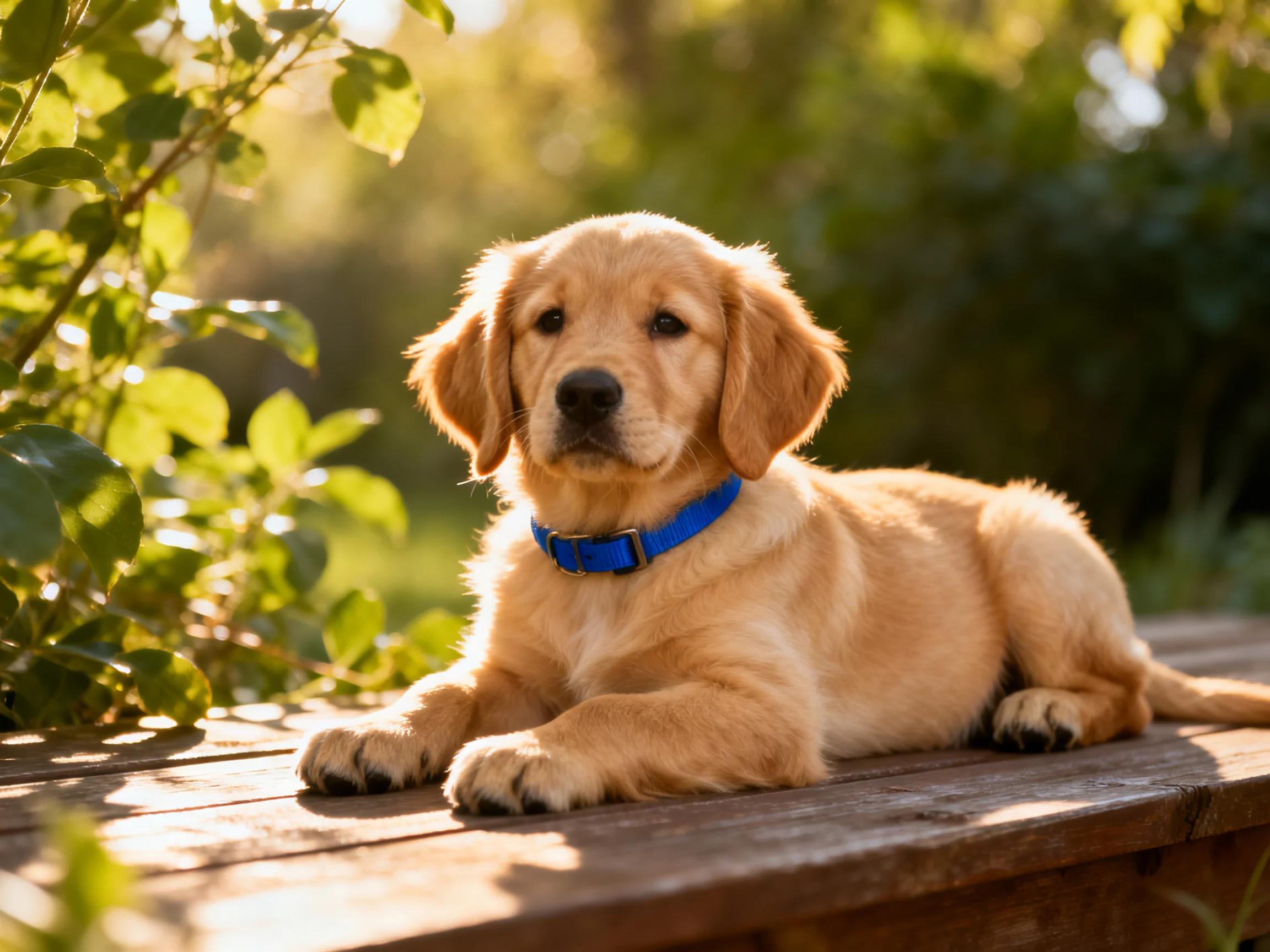 A golden retriever puppy lies calmly on a wooden platform surrounded by greenery.