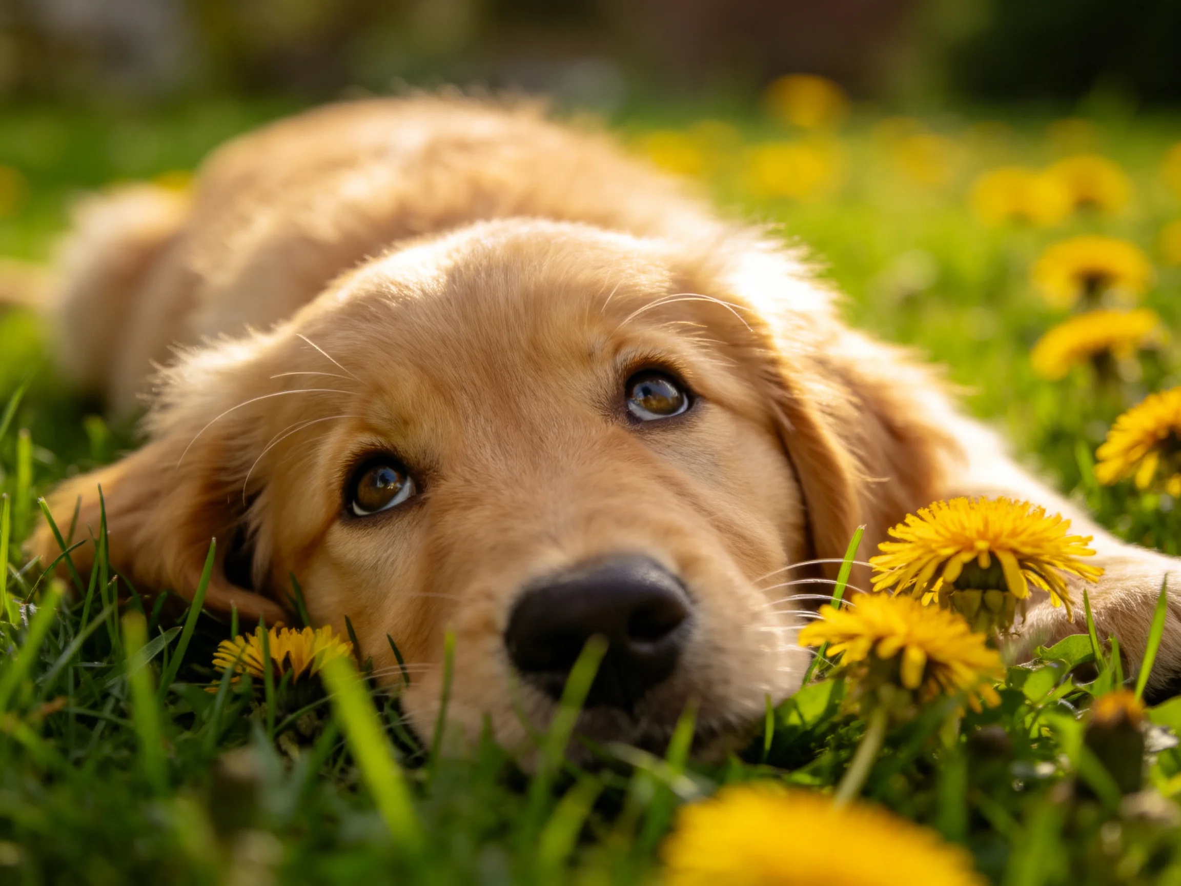 A golden retriever puppy relaxes among yellow dandelions in a sunlit field.