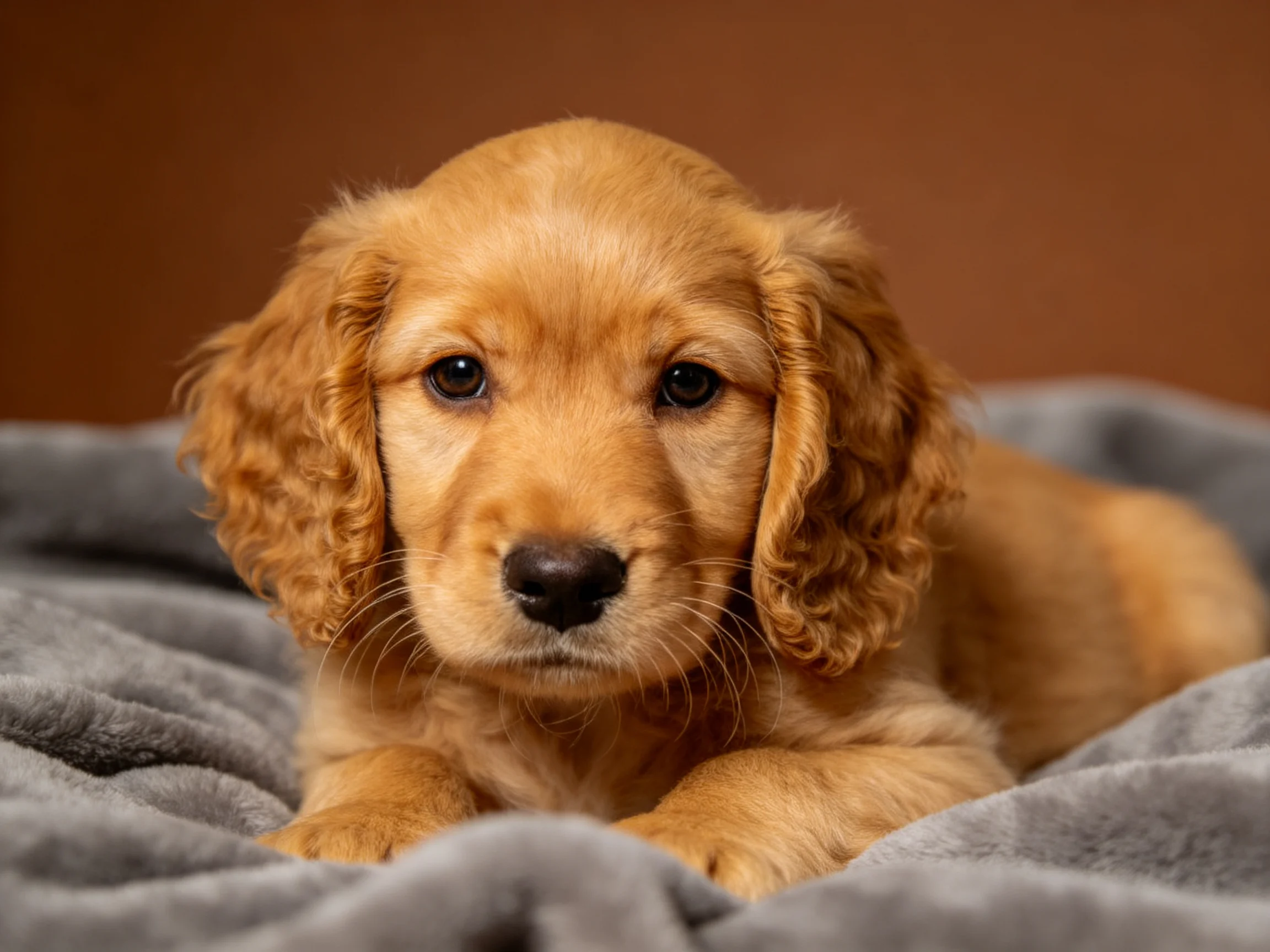 A golden retriever puppy relaxes on a soft gray blanket in a warmly lit space.