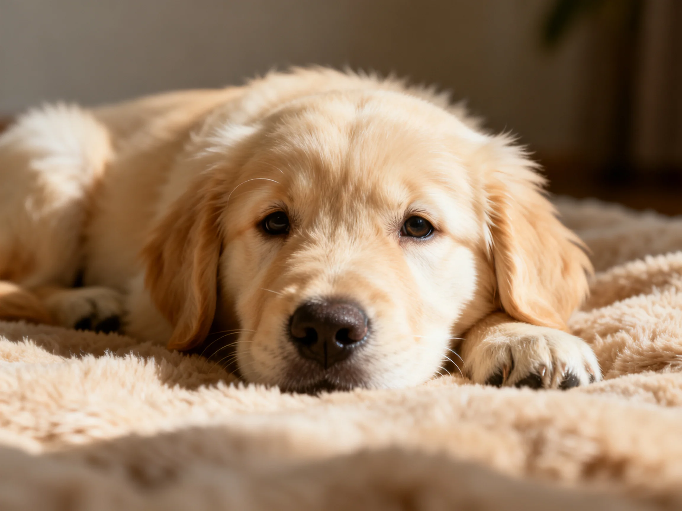 A golden retriever puppy relaxes on a soft beige blanket.