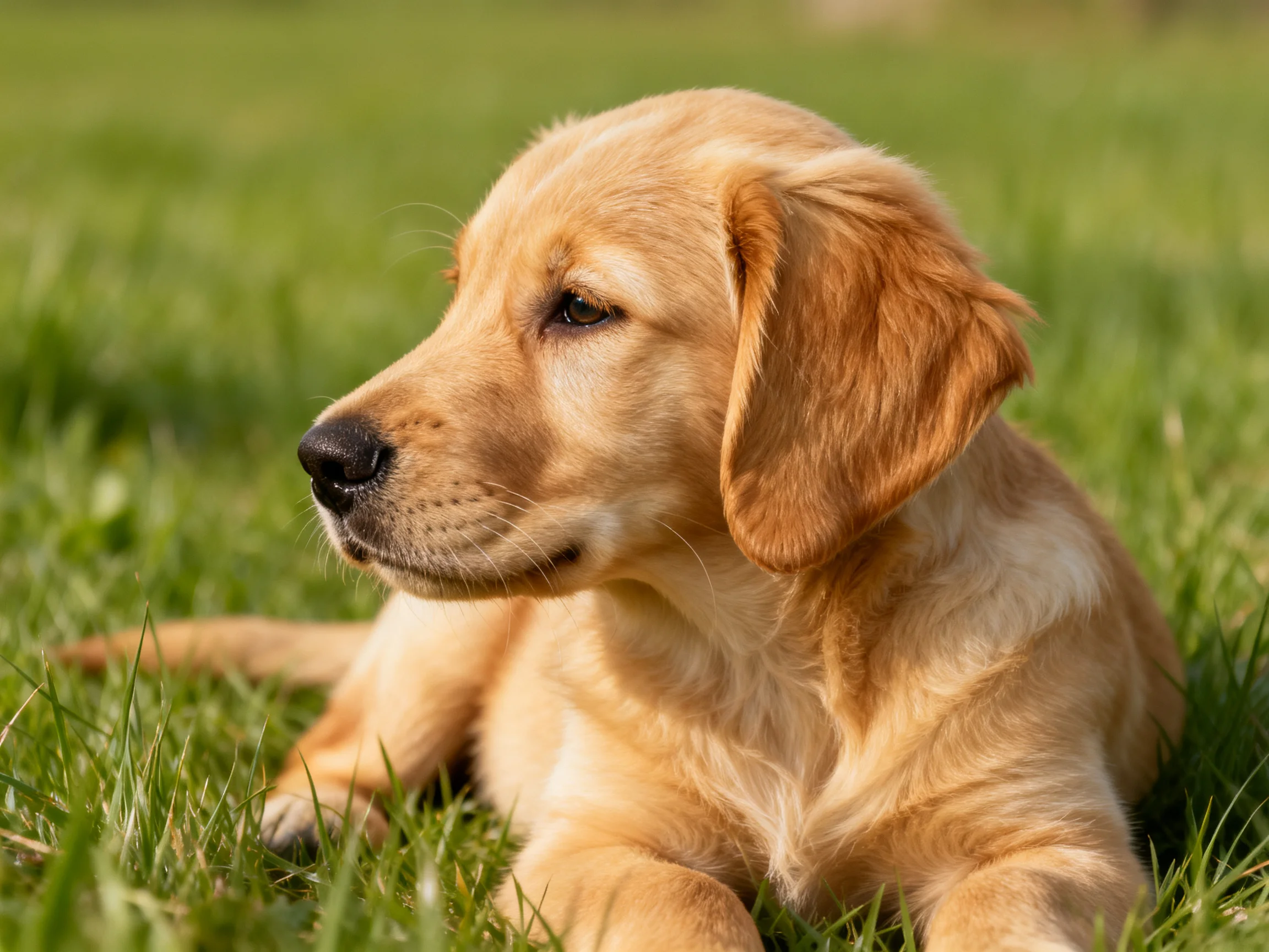 A golden retriever puppy rests on green grass in a sunlit outdoor area.
