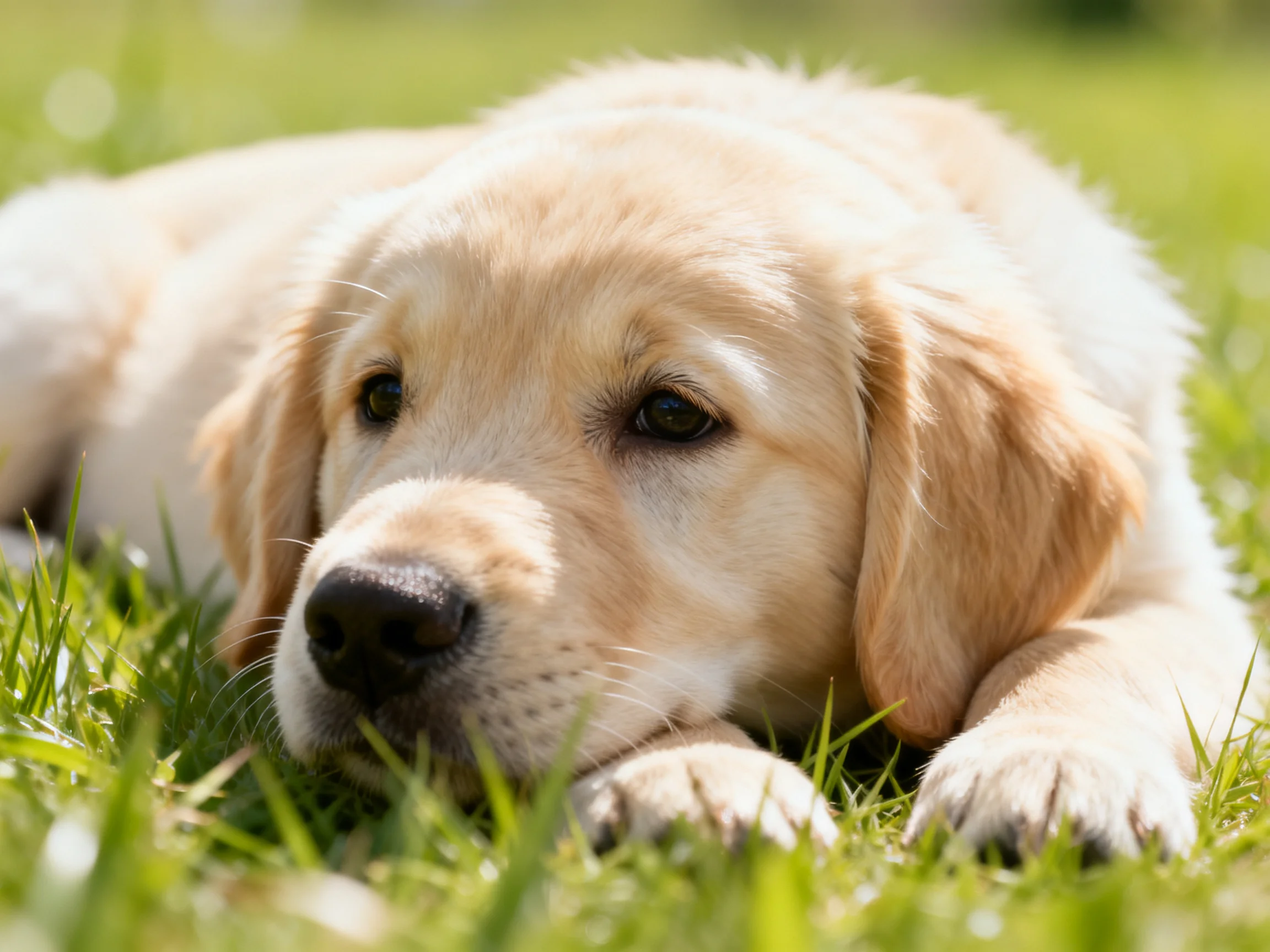 A golden retriever puppy lies on green grass in bright sunlight.