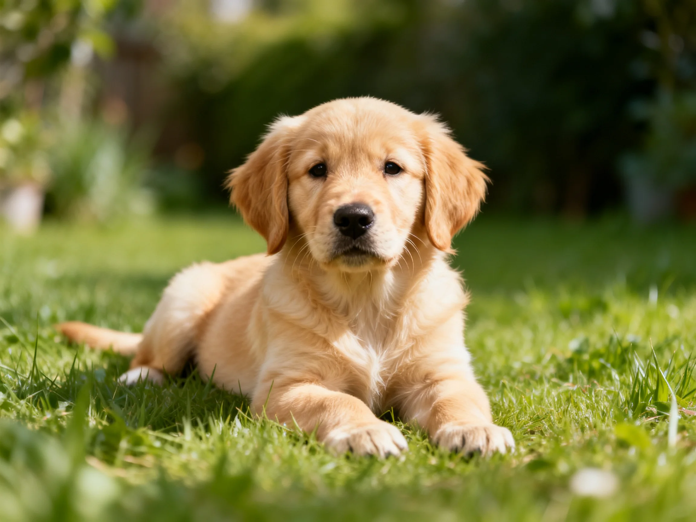 A golden retriever puppy lies calmly on vibrant grass in a sunny outdoor setting.