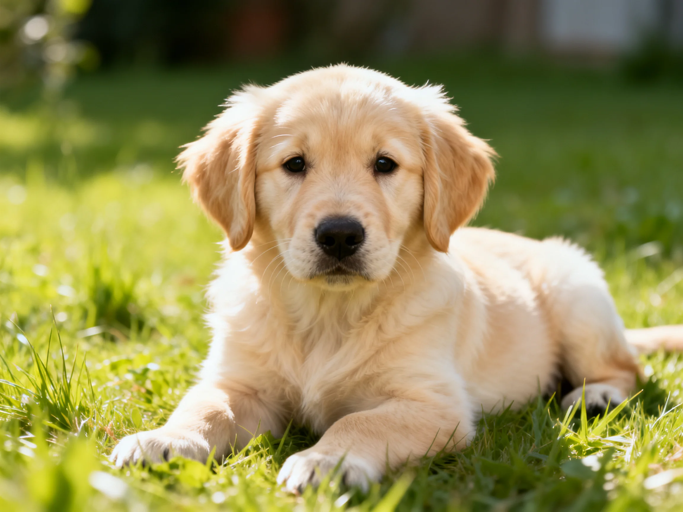 A golden retriever puppy rests peacefully on green grass outdoors.