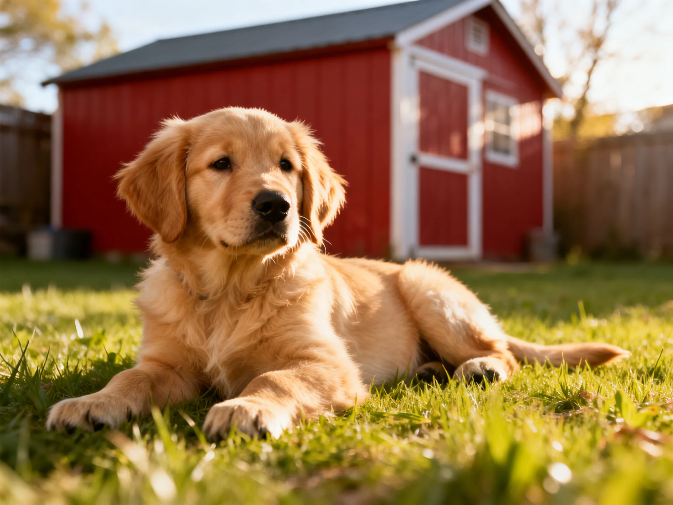 A golden retriever puppy rests on grass beside a red shed in a sunlit yard.