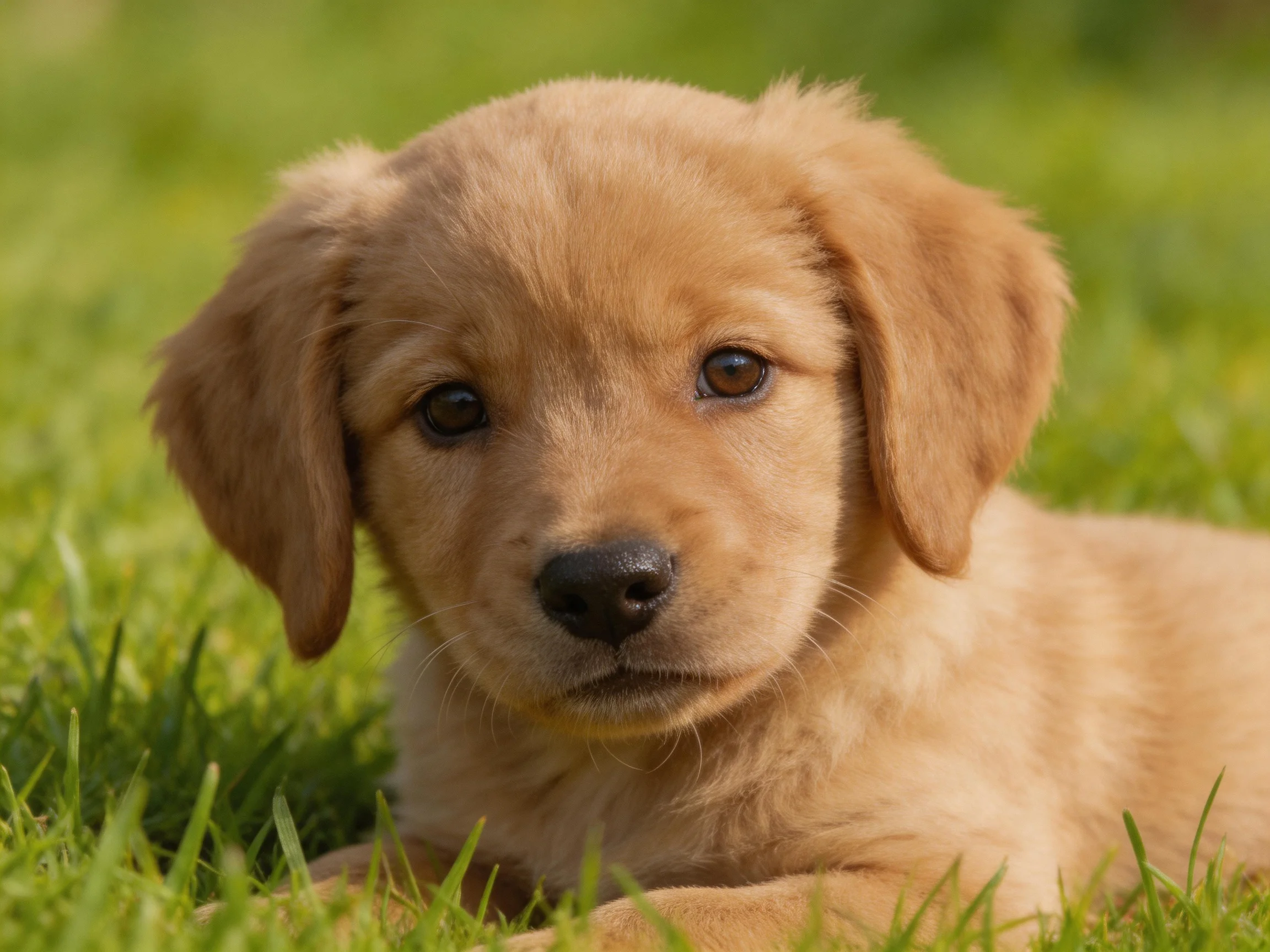 A golden retriever puppy lies on green grass in sunlight.