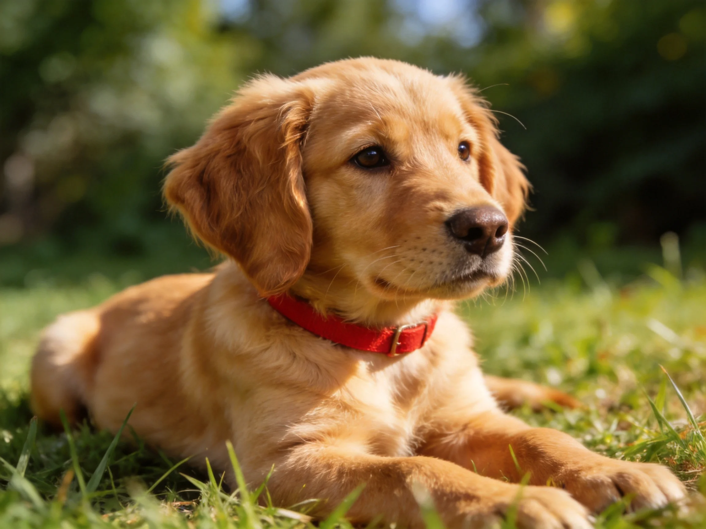 A golden retriever puppy resting on lush green grass with a bright red collar