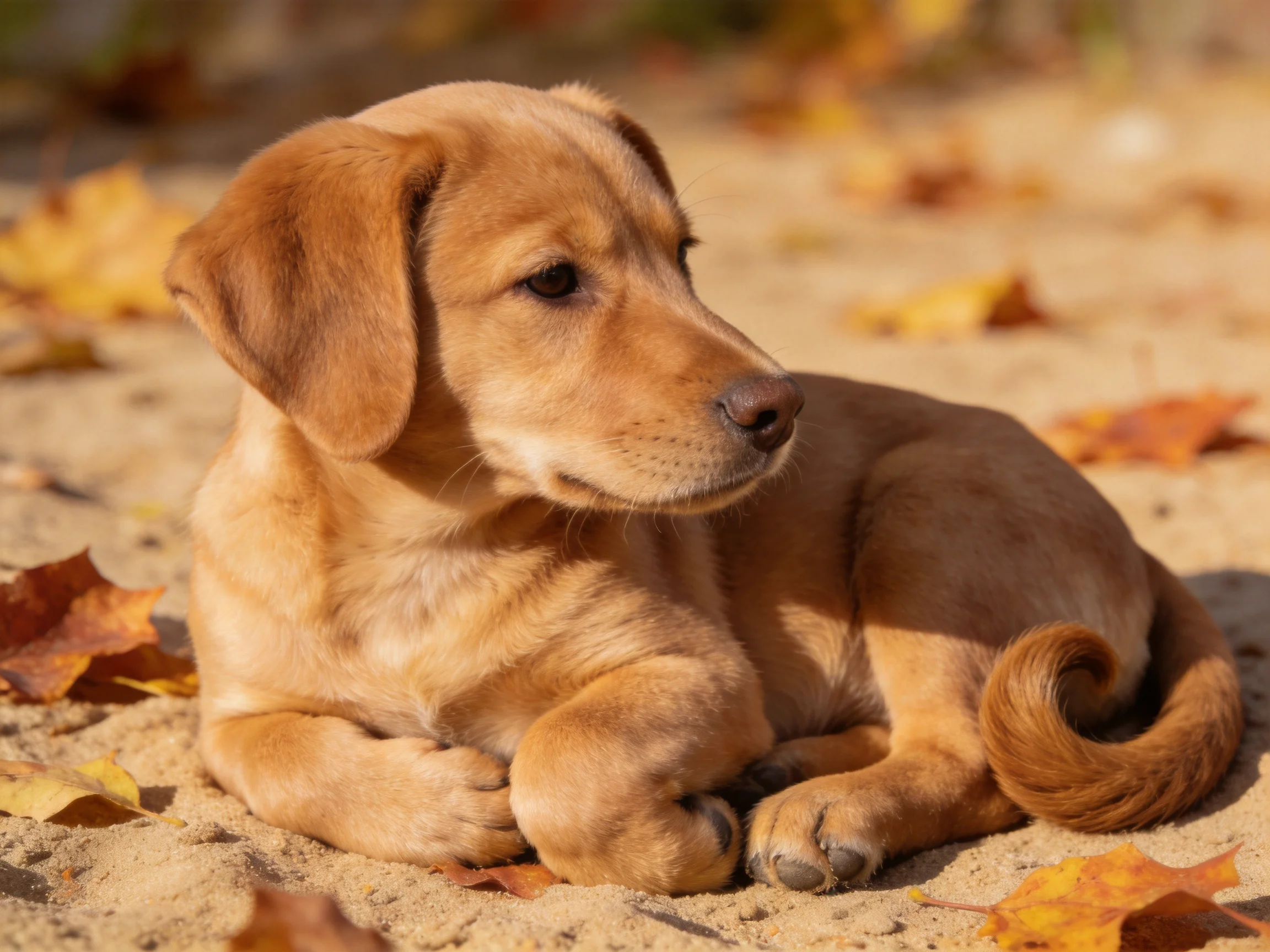 A golden retriever puppy rests on sandy ground surrounded by fallen autumn leaves.